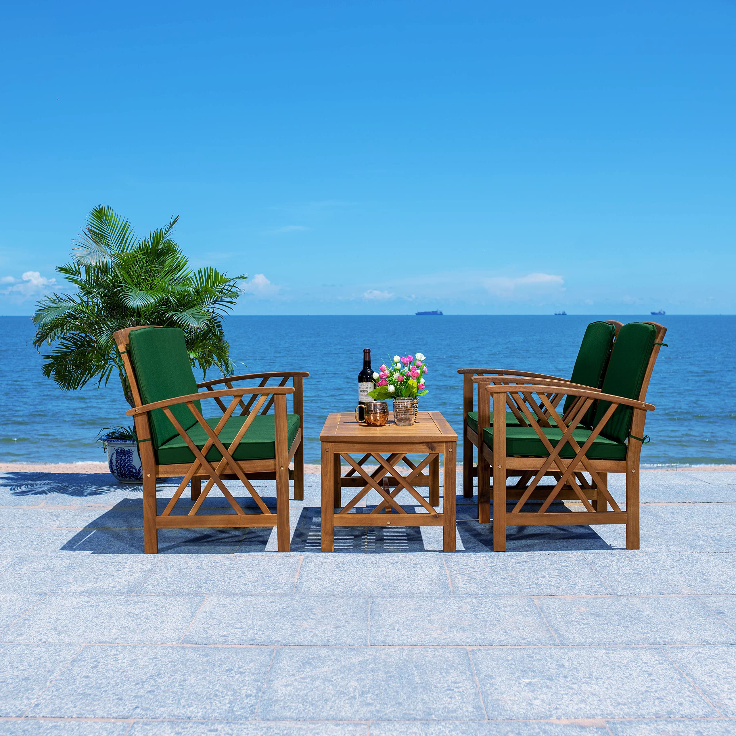 SAFAVIEH Outdoor Collection Fontana 4-Piece Patio Set with Natural/Green Cushions - Perfect for Garden, Backyard, and Poolside Conversation Areas