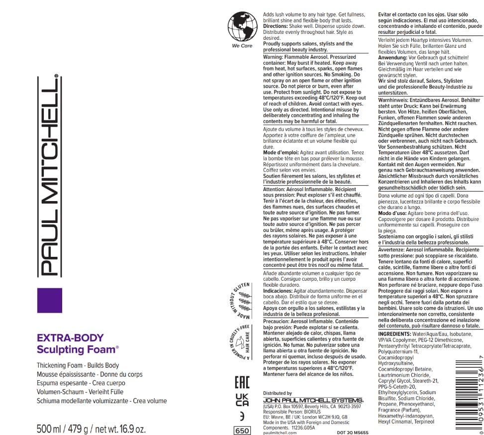 Paul Mitchell Extra-Body Sculpting Foam for Fine Hair - Volumizing & Thickening Styling Mousse for Added Body & Lift - Perfect for Daily Use & Special Occasions