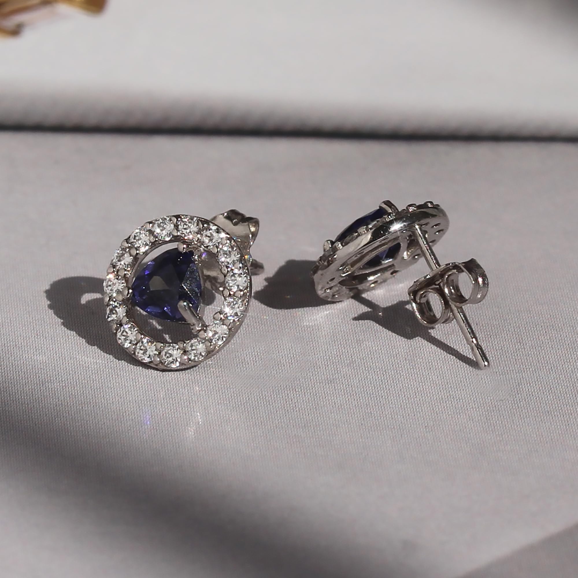 14K White Gold Triangle Cut Blue Violet Cubic Zirconia Stud Earrings for Women - Elegant Dainty Jewelry Gift for Birthday, Anniversary & Special Occasions