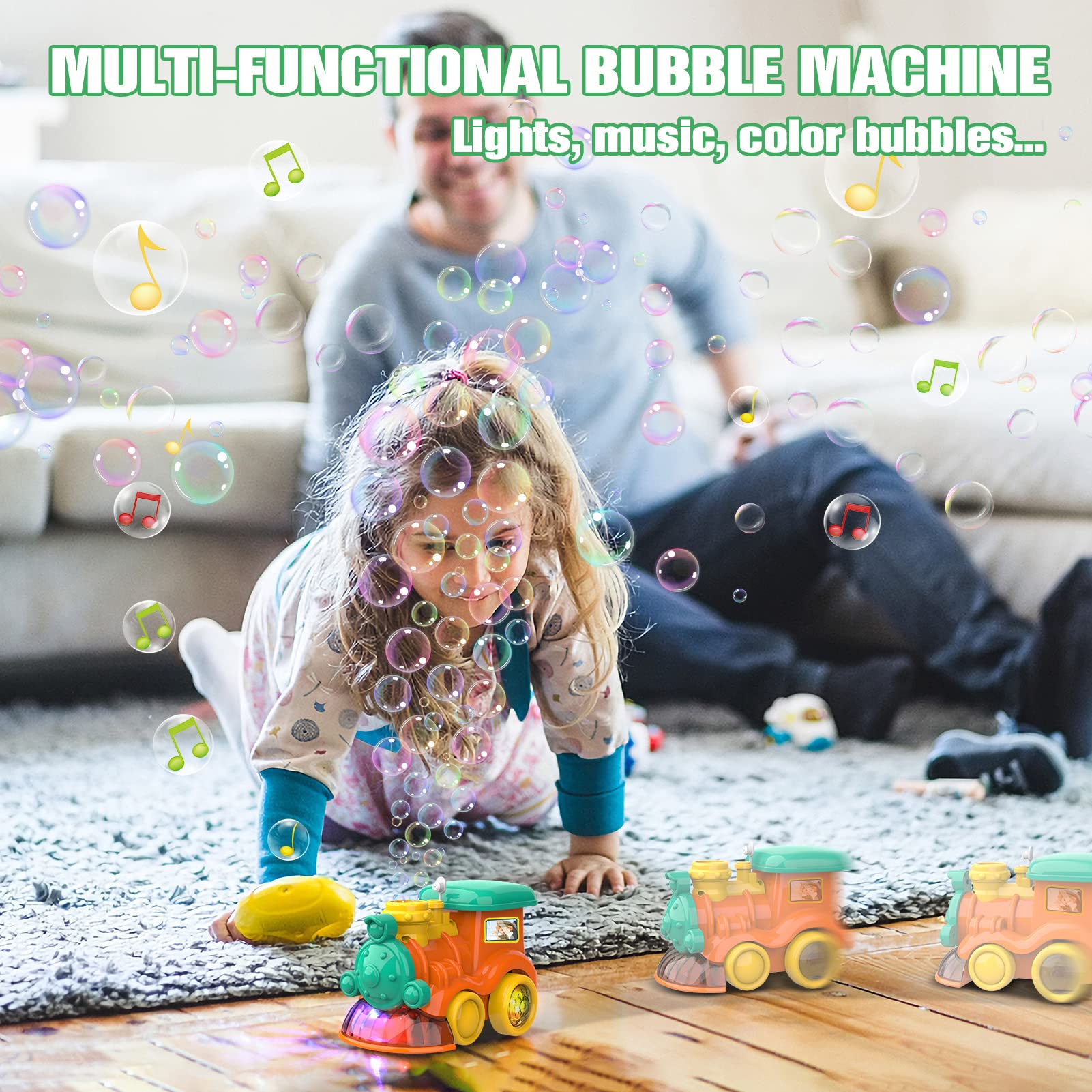 Automatic Bubble Blower Machine for Kids - 3000+ Bubbles Per Minute with 2 Bubble Solution Bottles, Musical Bubble Train Toy for Toddlers, Boys & Girls - Perfect for Birthday Parties, Outdoor Play & Backyard Fun