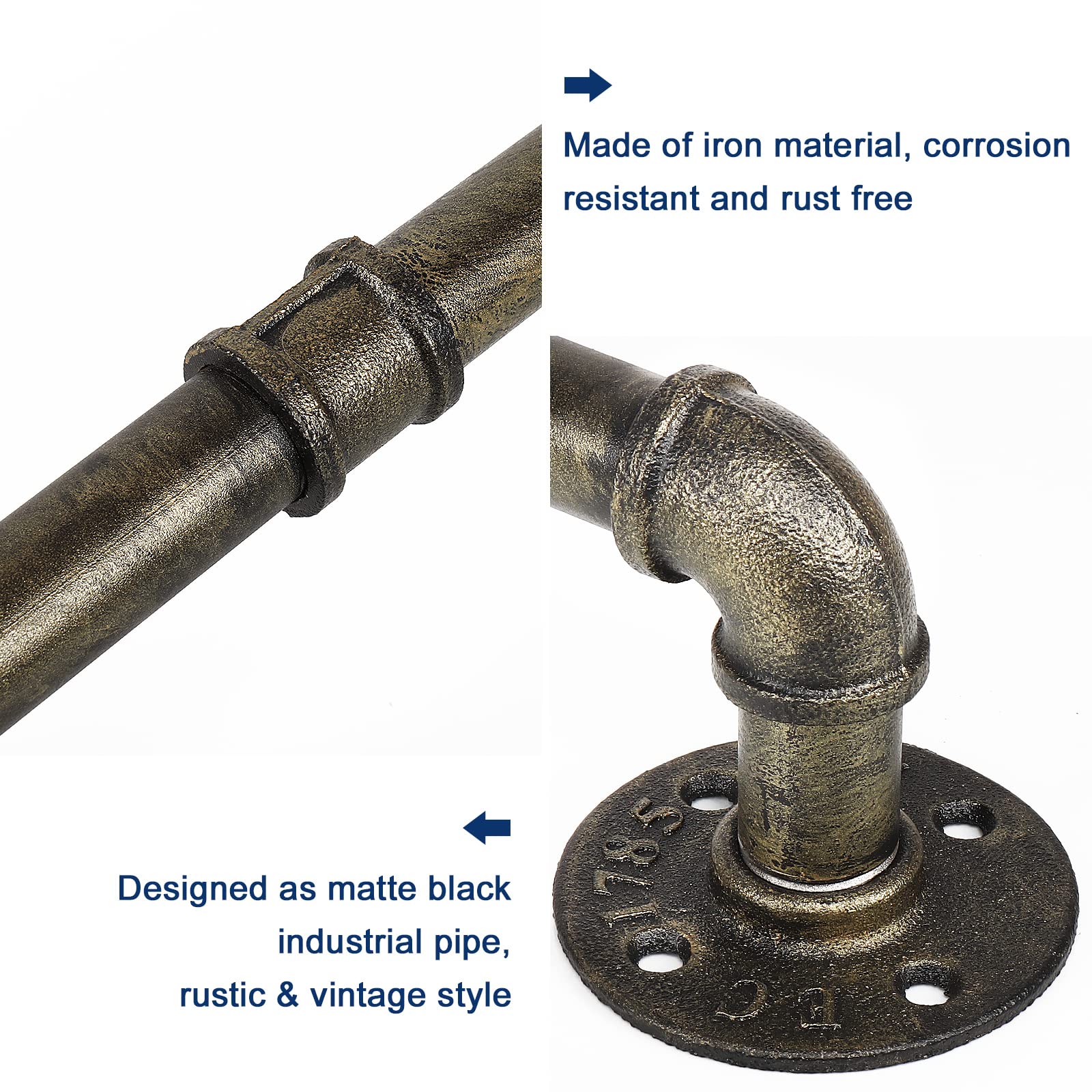 NearMoon 24 Inch Industrial Pipe Towel Bar - Heavy Duty Rustic Iron Bathroom Towel Holder - Wall Mounted DIY Bathroom Hardware Accessory in Antique Gold - Perfect for Farmhouse, Vintage & Industrial Style Bathrooms