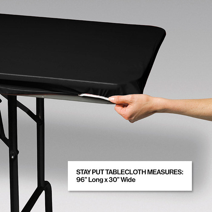 12 Pack Black Stay Put Table Cover 30 x 96 Inch - Waterproof Disposable Plastic Tablecloth for Parties, Picnics, BBQs & Events