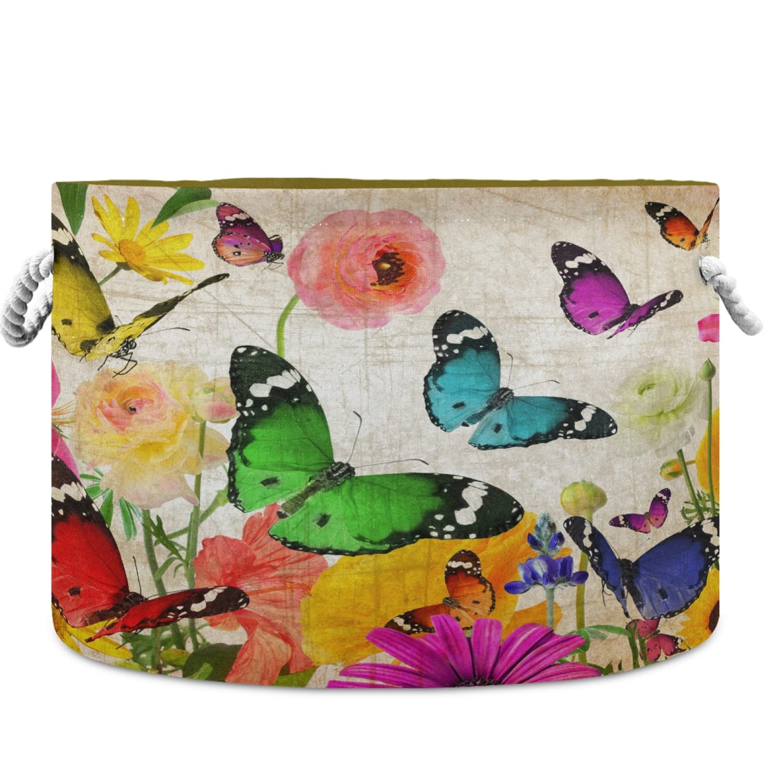 Visesunny Collapsible Fabric Storage Basket - Vintage Flower & Butterfly Design, Laundry Hamper for Clothes, Toys, and Organizing - Perfect for Bathroom, Bedroom, Nursery, Closet & Office Use