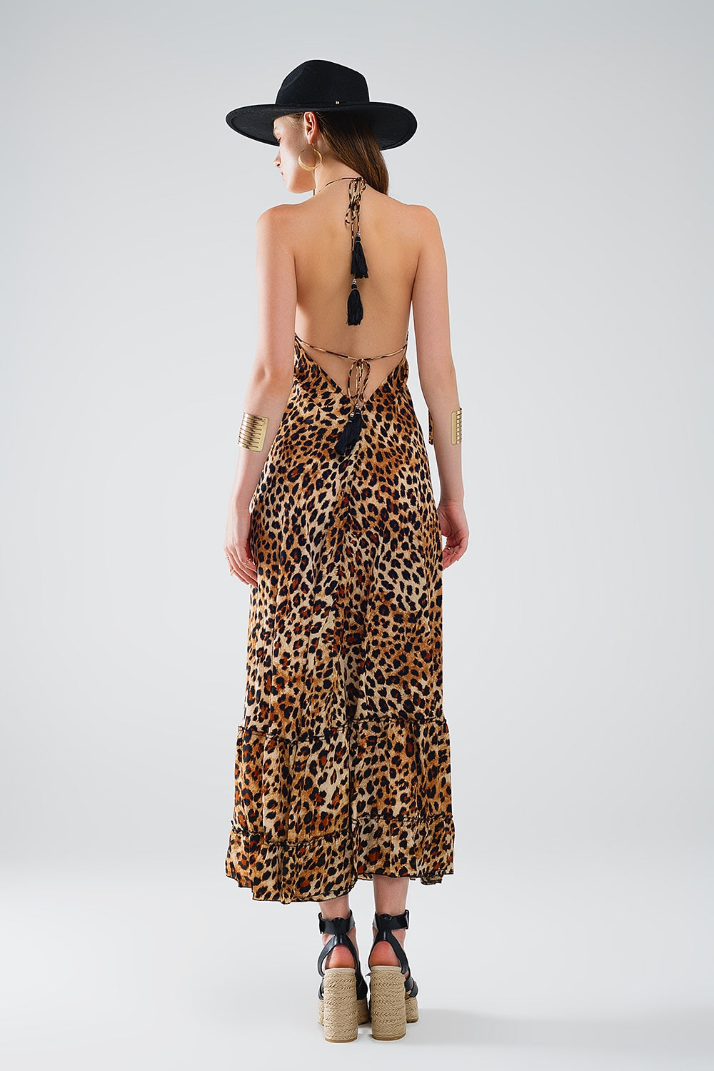 Boho Leopard Print Open Back Maxi Robe - Women's Flowy Long Dress for Beach, Vacation & Lounge Wear