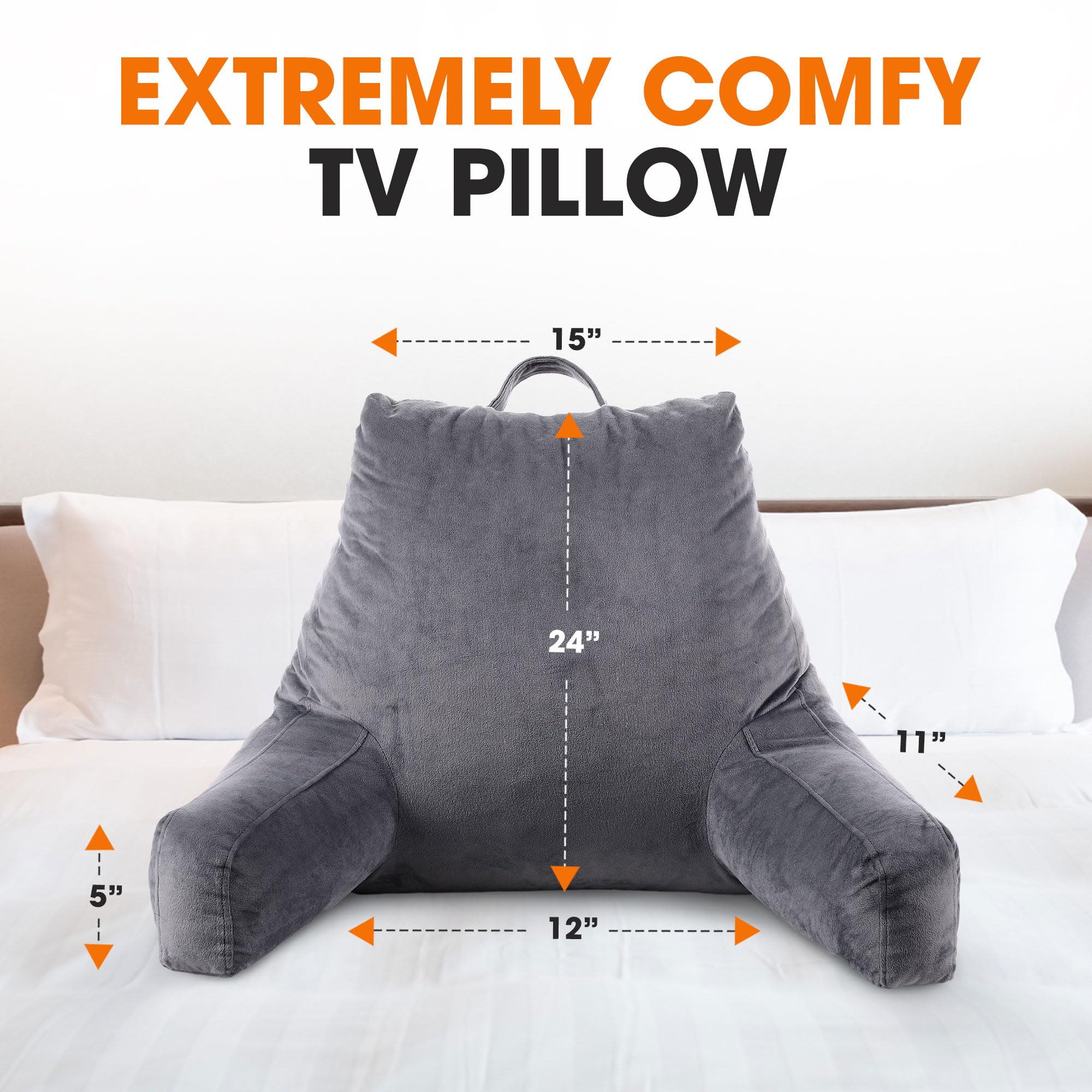 Cheer Collection Reading Pillow with Arms - Portable Bed Pillow for Sitting Up & Back Support | Hollow Fiber-Filled Backrest for Bed, Couch & Floor | Machine Washable Gray Pillow | Perfect for Reading, Watching TV & Relaxing