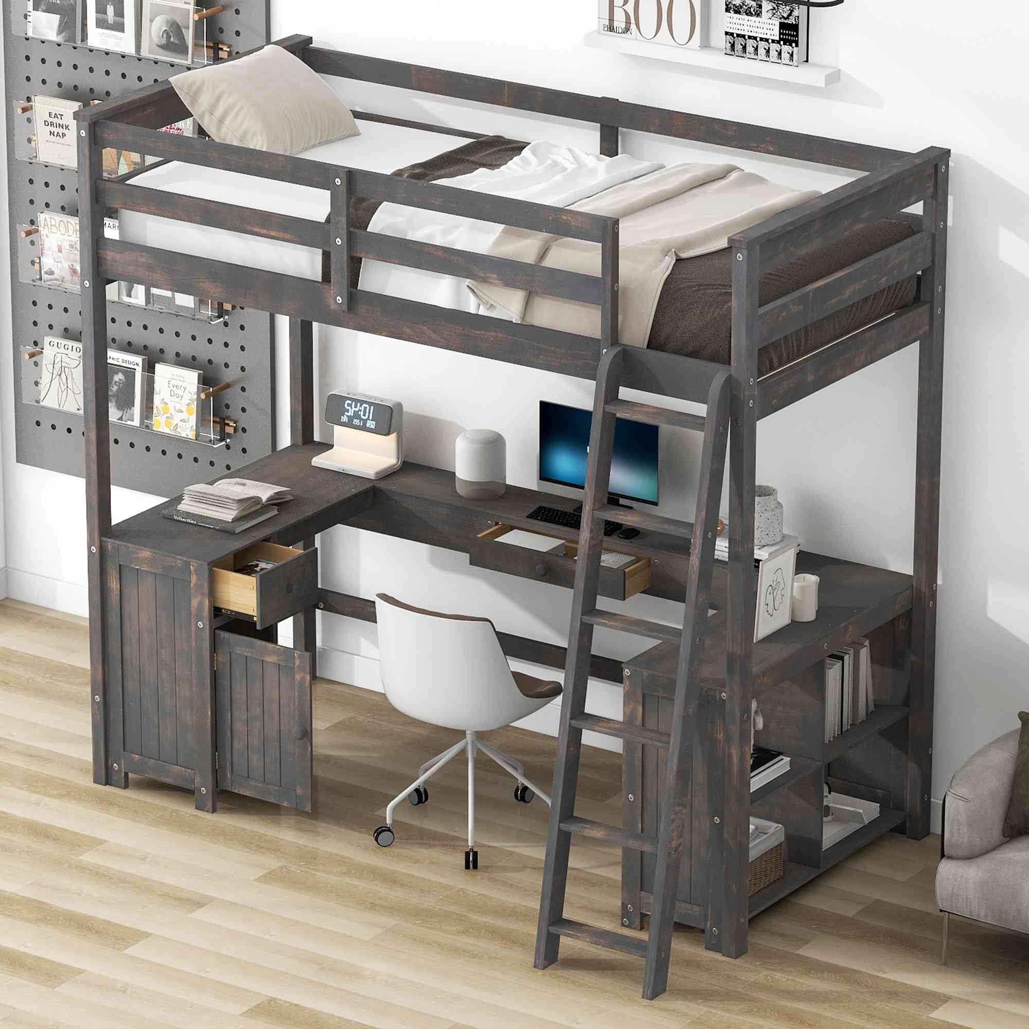 Twin Loft Bed with Storage & Desk - Solid Wood Space Saver for Kids Bedroom & Dorm