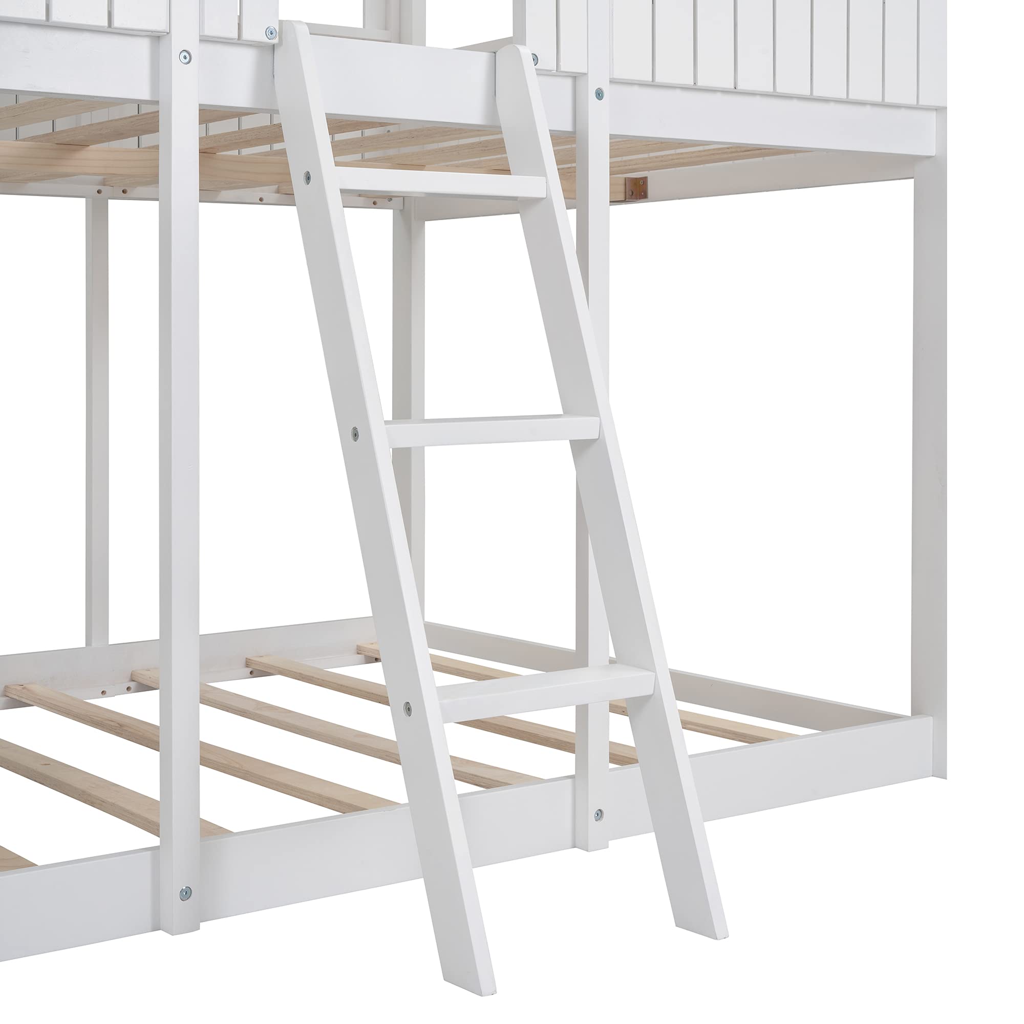 LZ LEISURE ZONE Full Over Full Bunk Bed - Solid Wood Loft Bed with Roof, Window, Safety Guardrail & Ladder for Kids, Teens, Boys & Girls - Space-Saving Bedroom Furniture for Small Rooms & Shared Kids' Bedrooms (White)