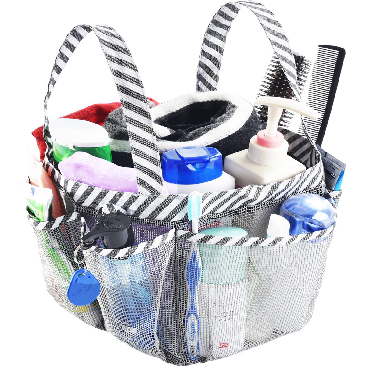 Portable Mesh Shower Caddy Bag with 8 Pockets - Quick Dry Bathroom Organizer for College Dorm, Gym & Camping - Includes Key Hook & 2 Oxford Handles (Gray) | Perfect for Travel, Dorm Storage & Shower Organization