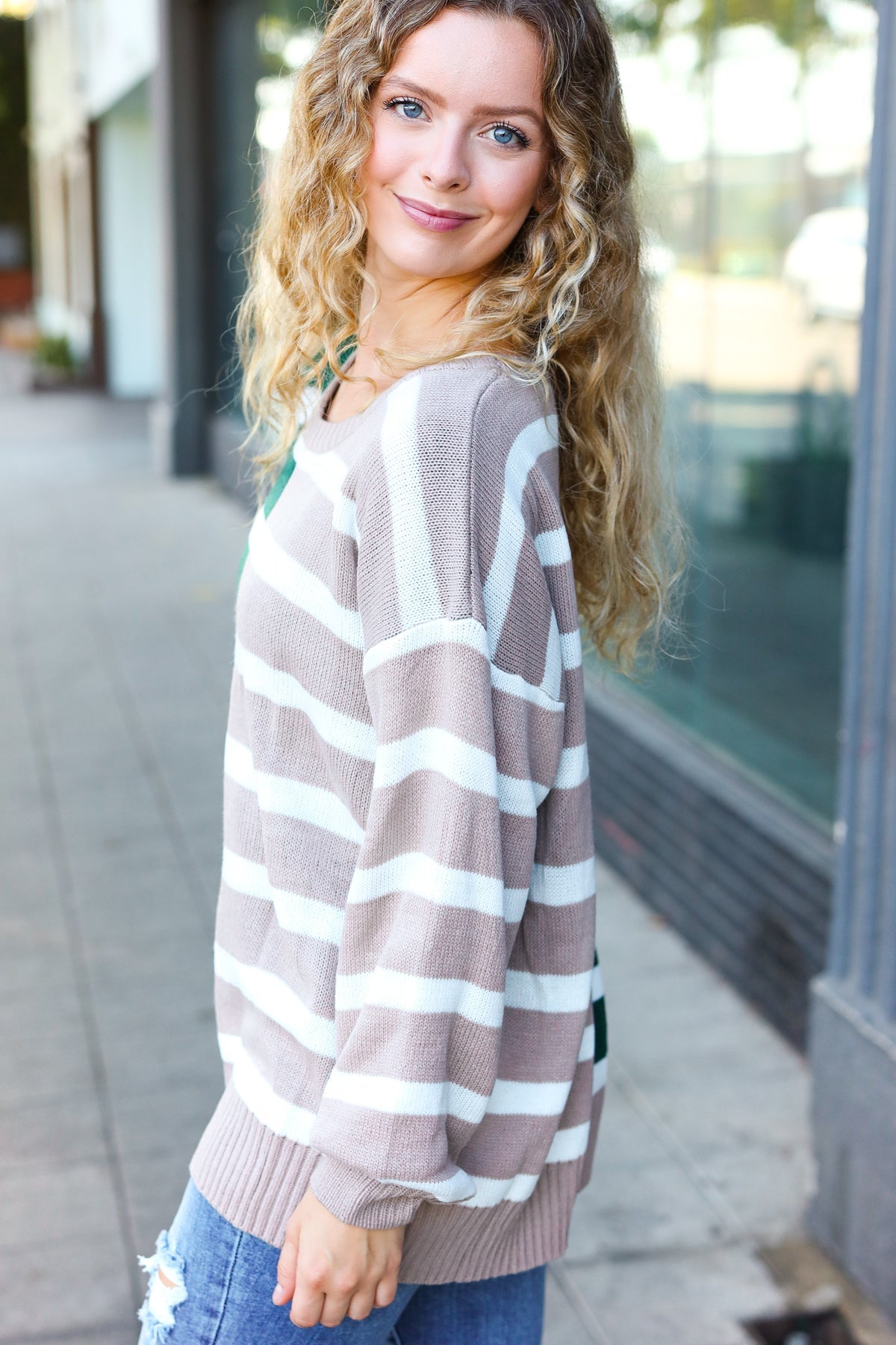 Hunter Green & Taupe Striped Color Block Sweater for Women | Cozy Knit Pullover | Fall Winter Fashion | Casual Office Wear & Weekend Outfits