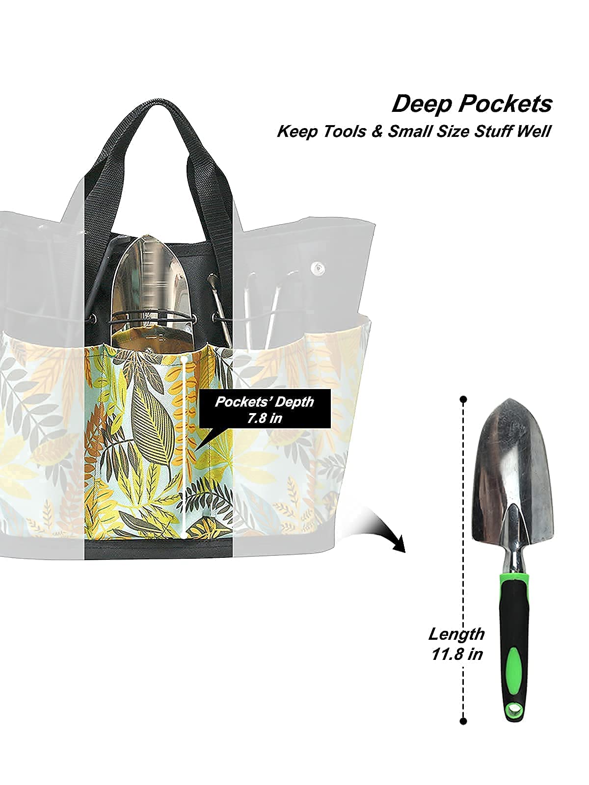 GERYMU Heavy Duty Garden Tool Bag with 8 Pockets - Durable Oxford Storage Tote for Gardening Tools (Floral Yellow) | Perfect for Organizing Pruners, Gloves & Small Tools in Backyard or Greenhouse