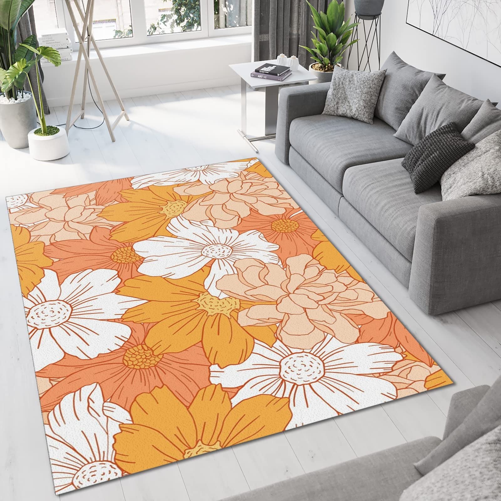 Modern Minimalist Pink and White Floral Area Rug - Soft Washable Non-Slip Backing 5x6 Feet - Perfect for Living Room, Bedroom, Kitchen, Dining Room & Laundry Room Decor