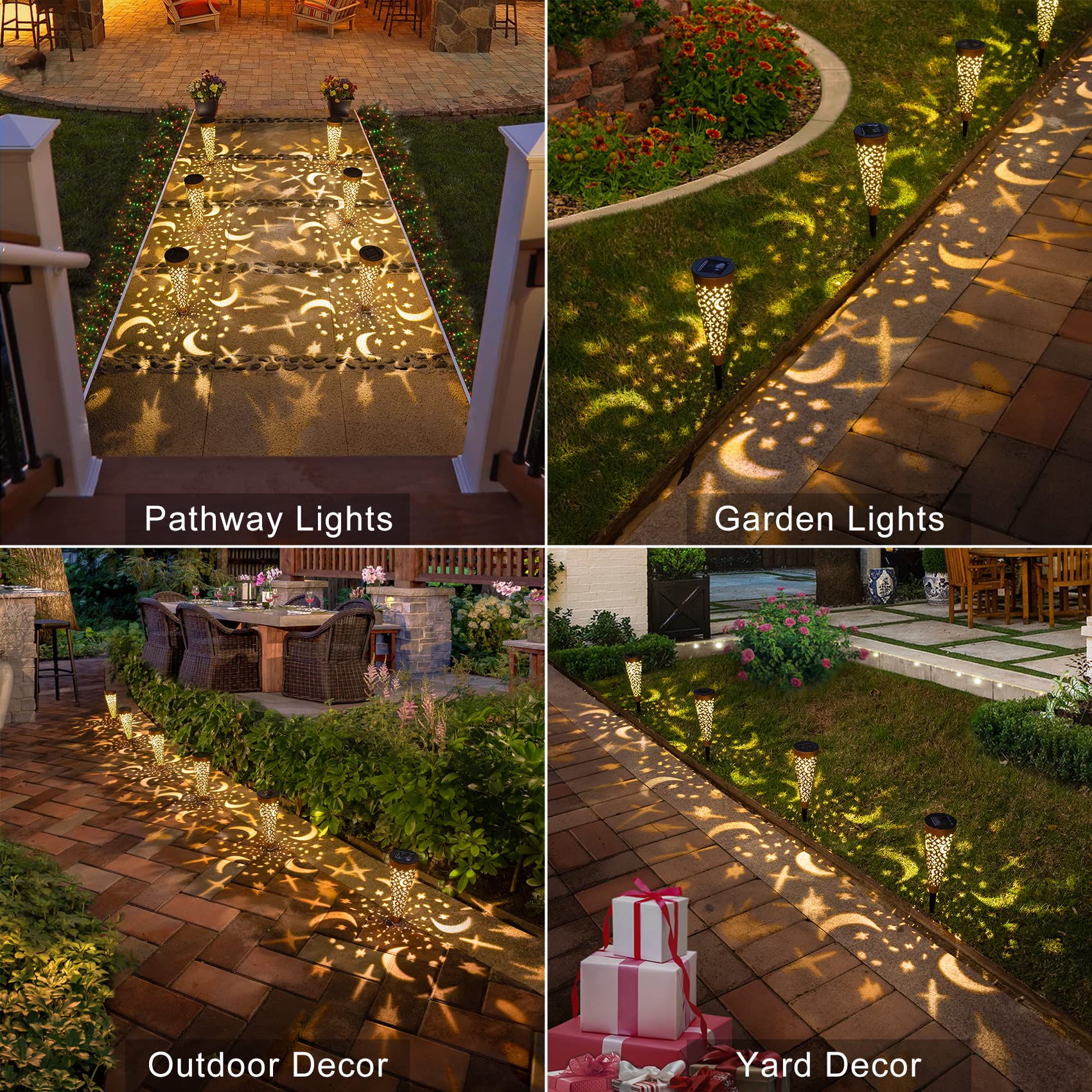 6-Pack Moon Star Solar Lights + 1 Solar Lantern Set - Waterproof Outdoor Garden Decor for Pathway, Yard, Patio & Landscape Lighting