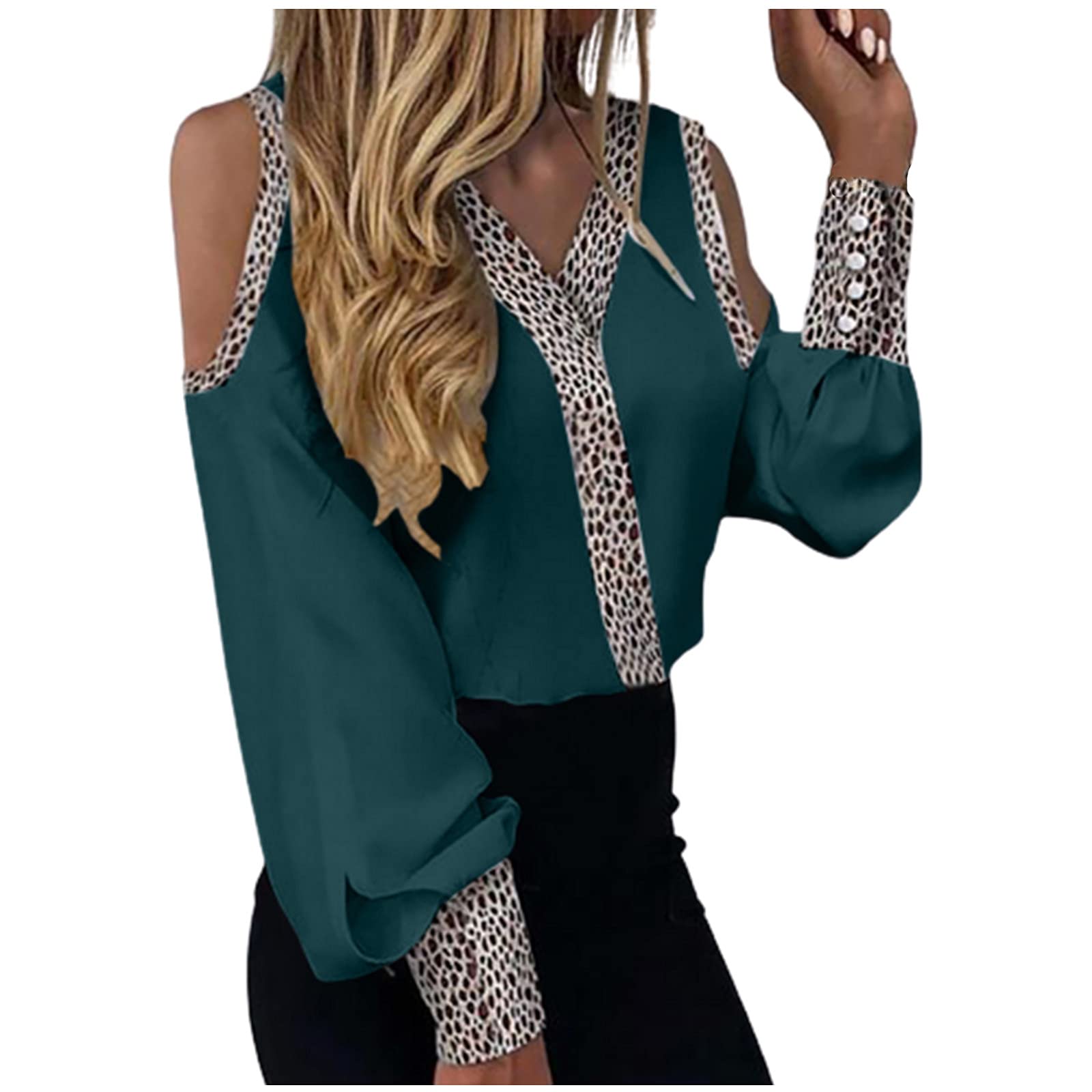 Sexy Leopard Print Cold Shoulder Blouse for Women - V-Neck Long Sleeve Loose Tunic Top for Work & Professional Outfits | Perfect for Office, Date Night & Casual Wear