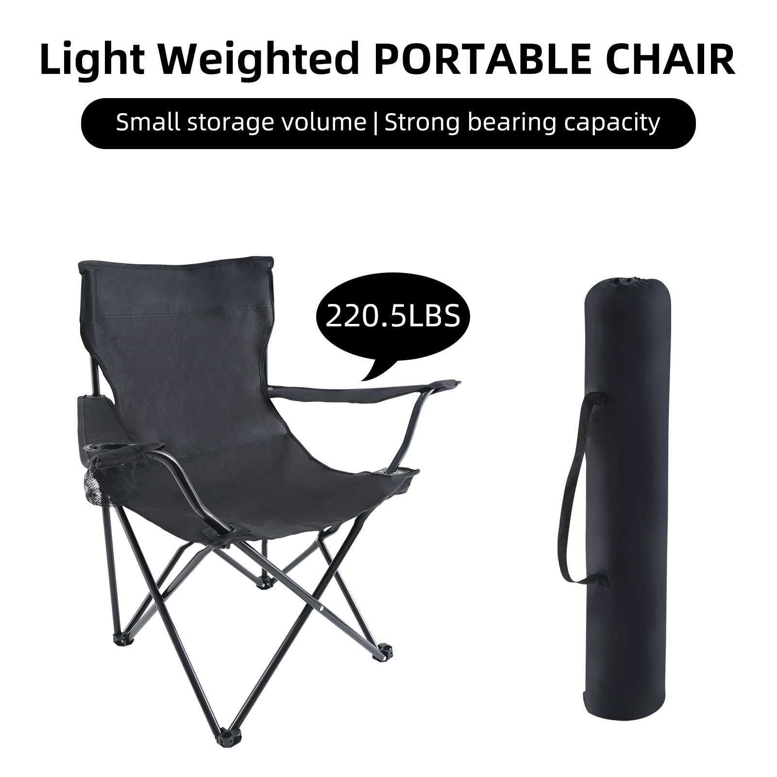 YSSOA Portable Folding Camping Chair - Lightweight Outdoor Chair for Hiking, Picnics, Beach, Fishing & Backyard (Black) | Compact Sports Chair with Carry Bag | Perfect for Camping, Travel & Outdoor Events