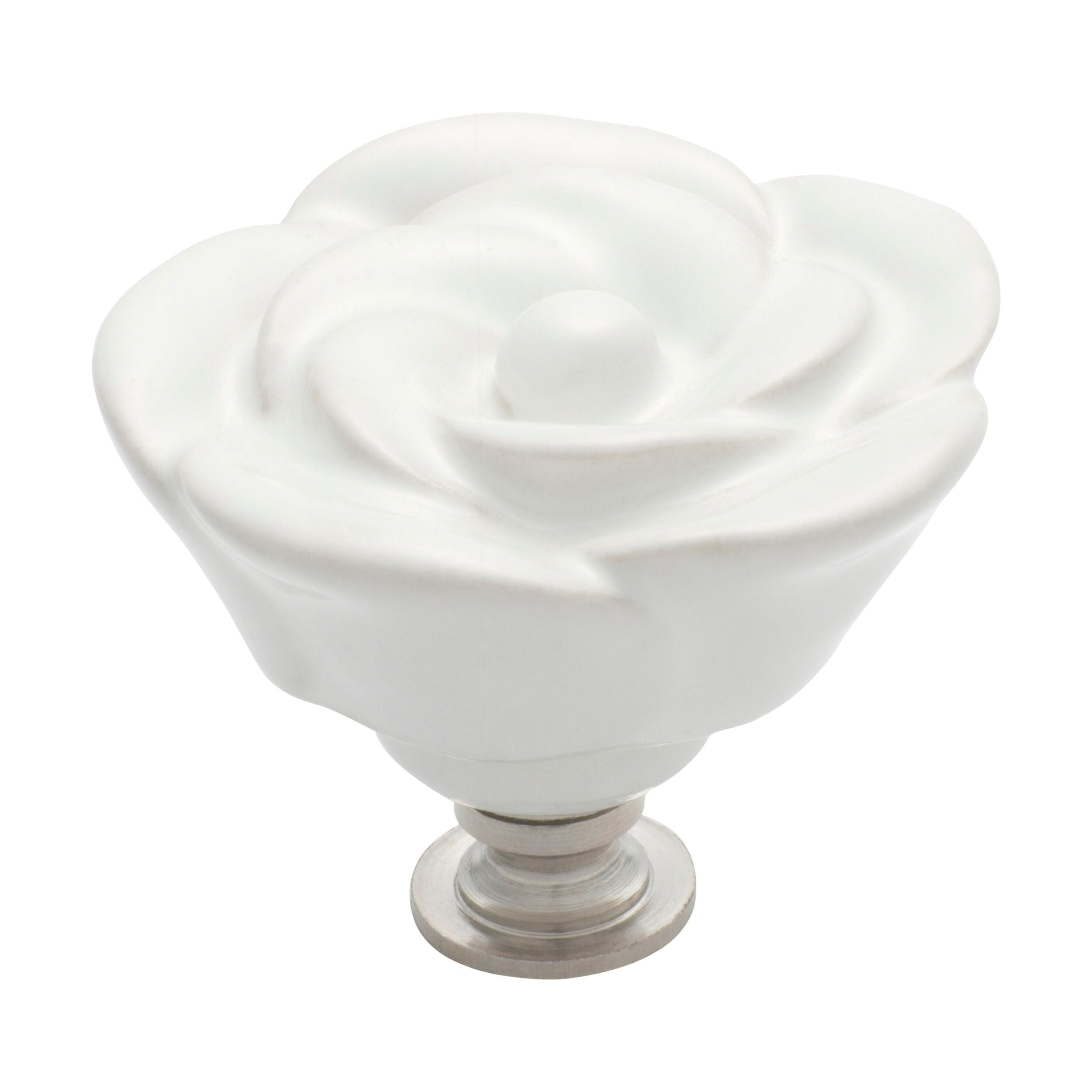 White Porcelain Flower Cupboard Knob with Chrome Plating - 50mm Diameter x 36mm Projection - Perfect for Kitchen Cabinets, Dressers & Furniture Upgrades