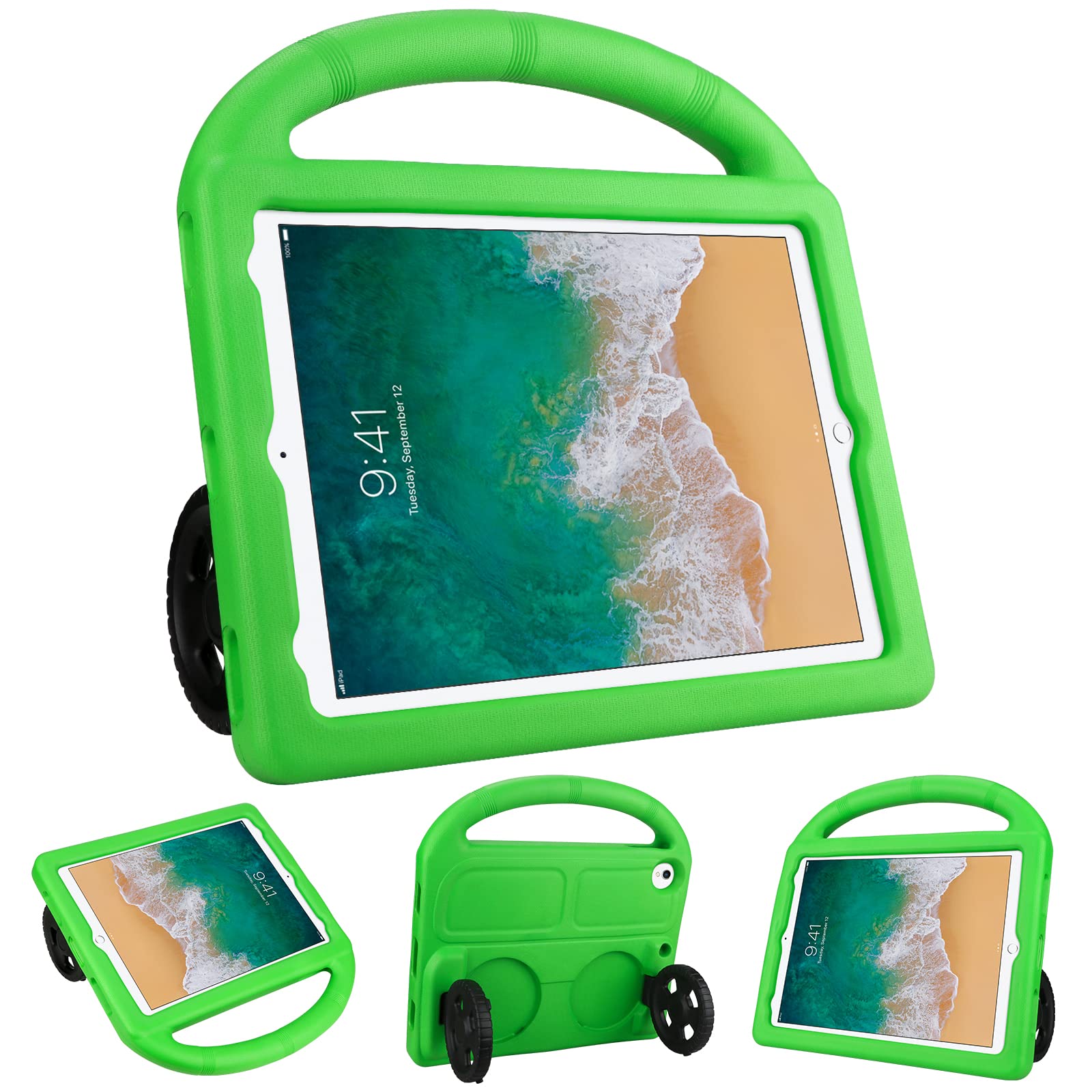 Vofolen Shockproof Protective Case for iPad 6th/5th Generation (2018/2017) & iPad Air 2 - Lightweight EVA Handle Stand with Unique Wheel Kickstand Design - Kids Friendly Tablet Cover for 9.7 inch iPad - Green | Perfect for School, Travel & Home Use