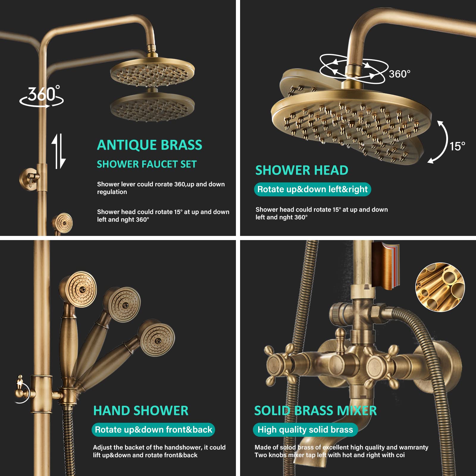 Antique Brass 8-Inch Rainfall Shower System - Wall-Mounted Dual Cross Handle Bathtub Shower Mixer Tap with Hand Sprayer - Perfect for Modern & Vintage Bathroom Designs
