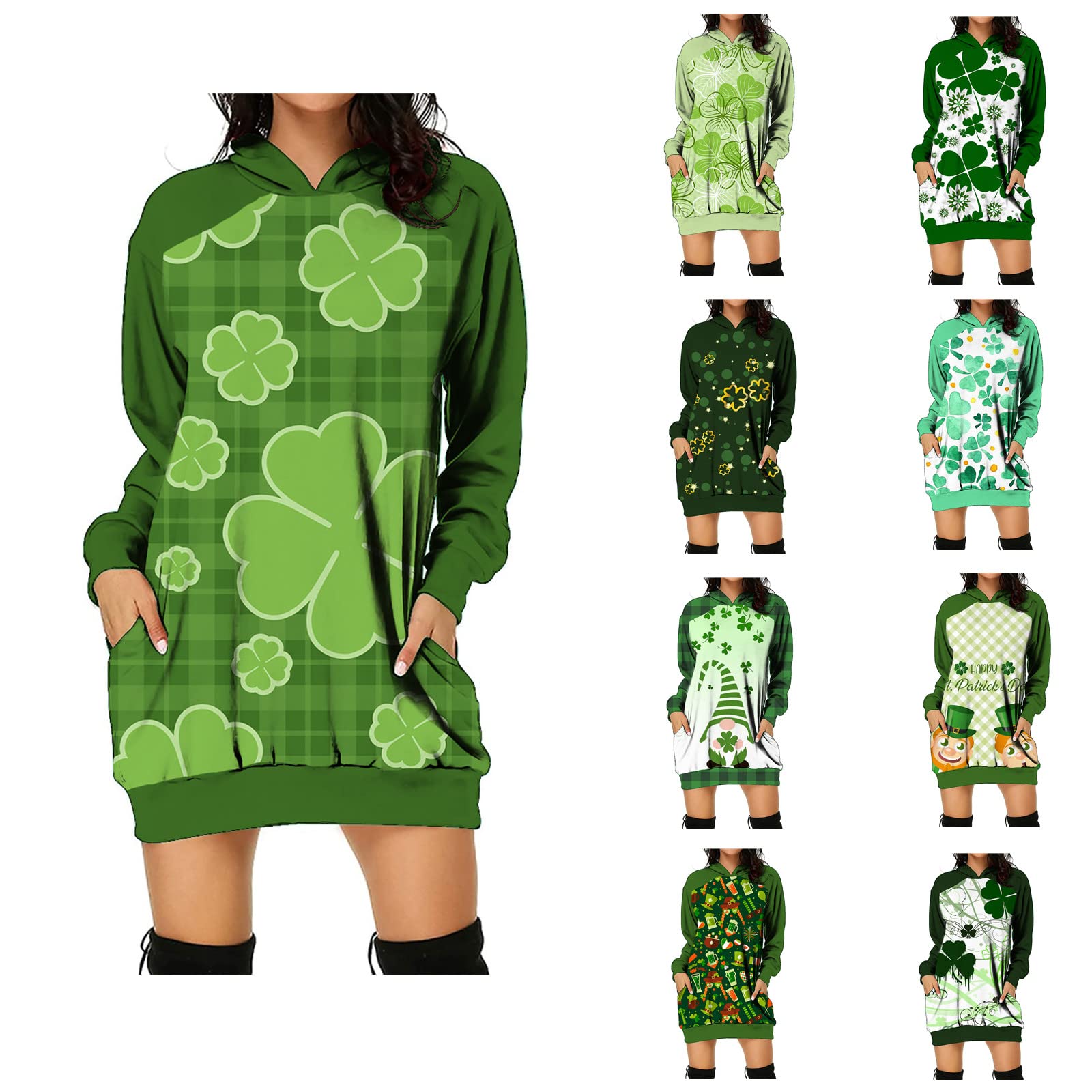 Lisgai Women's St. Patrick's Day Shamrock Sweatshirt Dress - Green Pullover Hooded Dress with Pockets | Casual Outfit for Irish Festival, Pub Crawl & Holiday Celebration