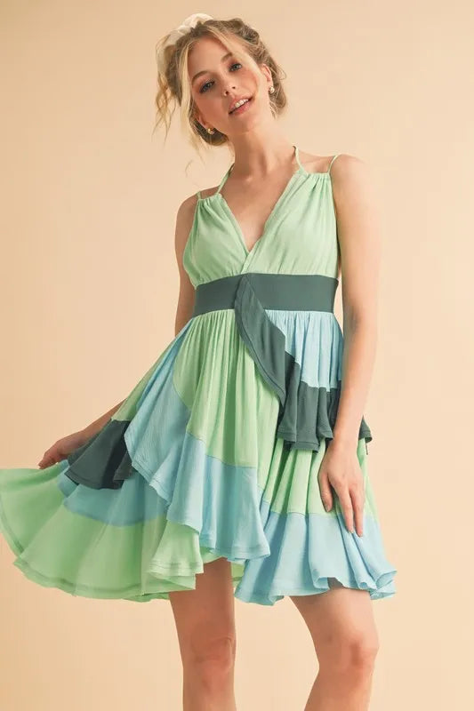 Stylish Green Ruffled Sleeveless Mini Dress for Women - Perfect for Beach Vacation, Summer Party & Resort Wear