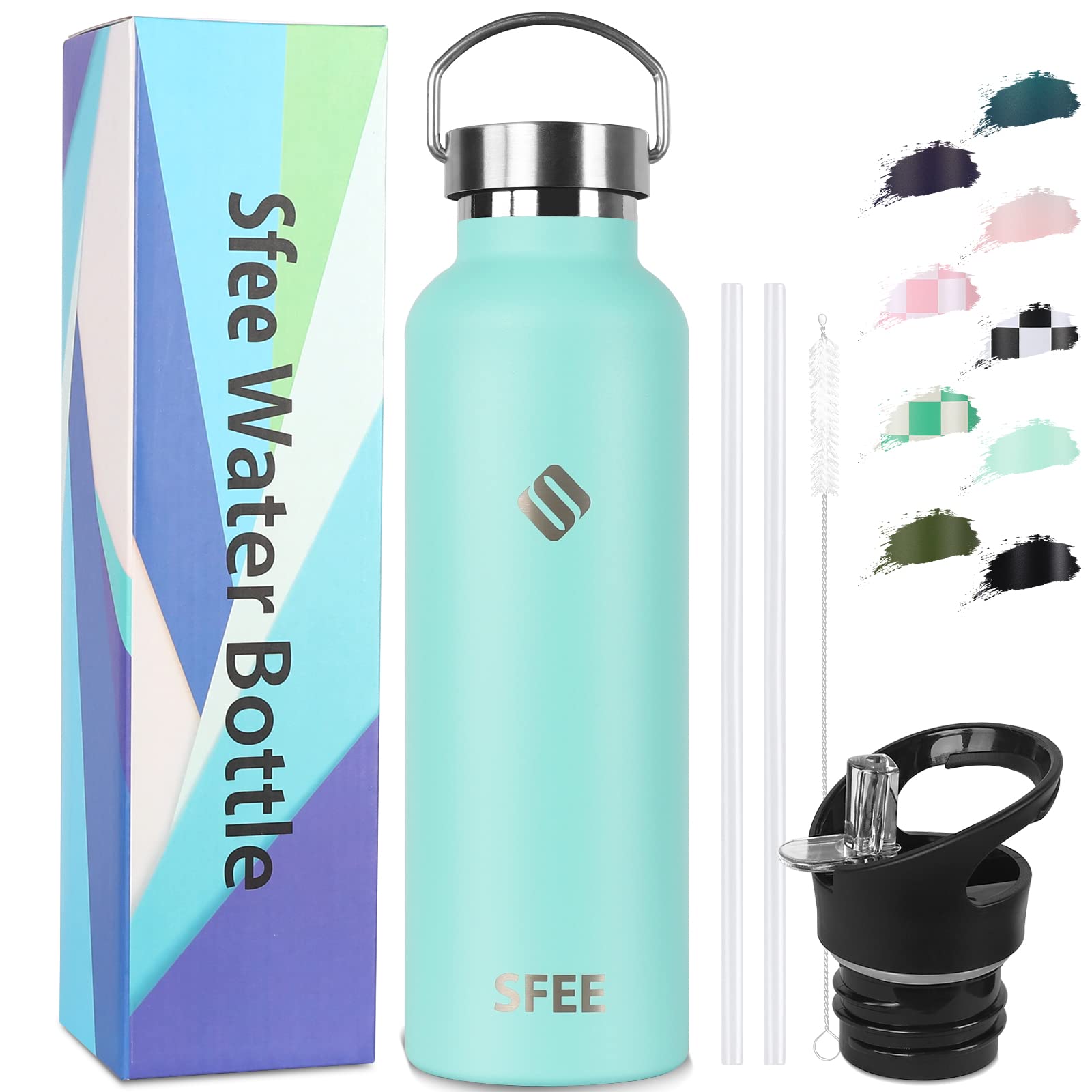 Sfee 25 oz Stainless Steel Insulated Water Bottle with Straw Lid - Double Wall Vacuum Thermos for Kids, Leakproof Sports Bottle for Gym, Hiking, Camping & Travel - Includes Cleaning Brush (Mint Green)