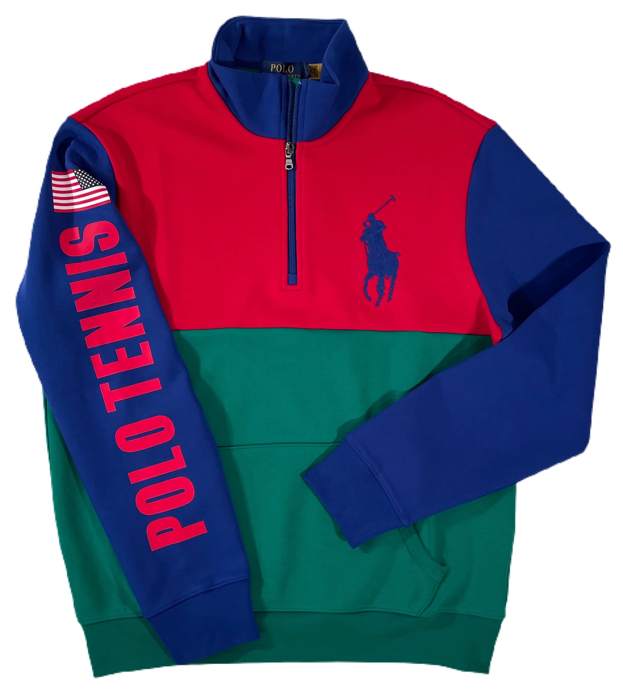Men's Colorblock Big Pony Fleece 1/4 Zip Pullover Sweatshirt - Green Polo Style Knit Top for Casual Wear & Outdoor Activities