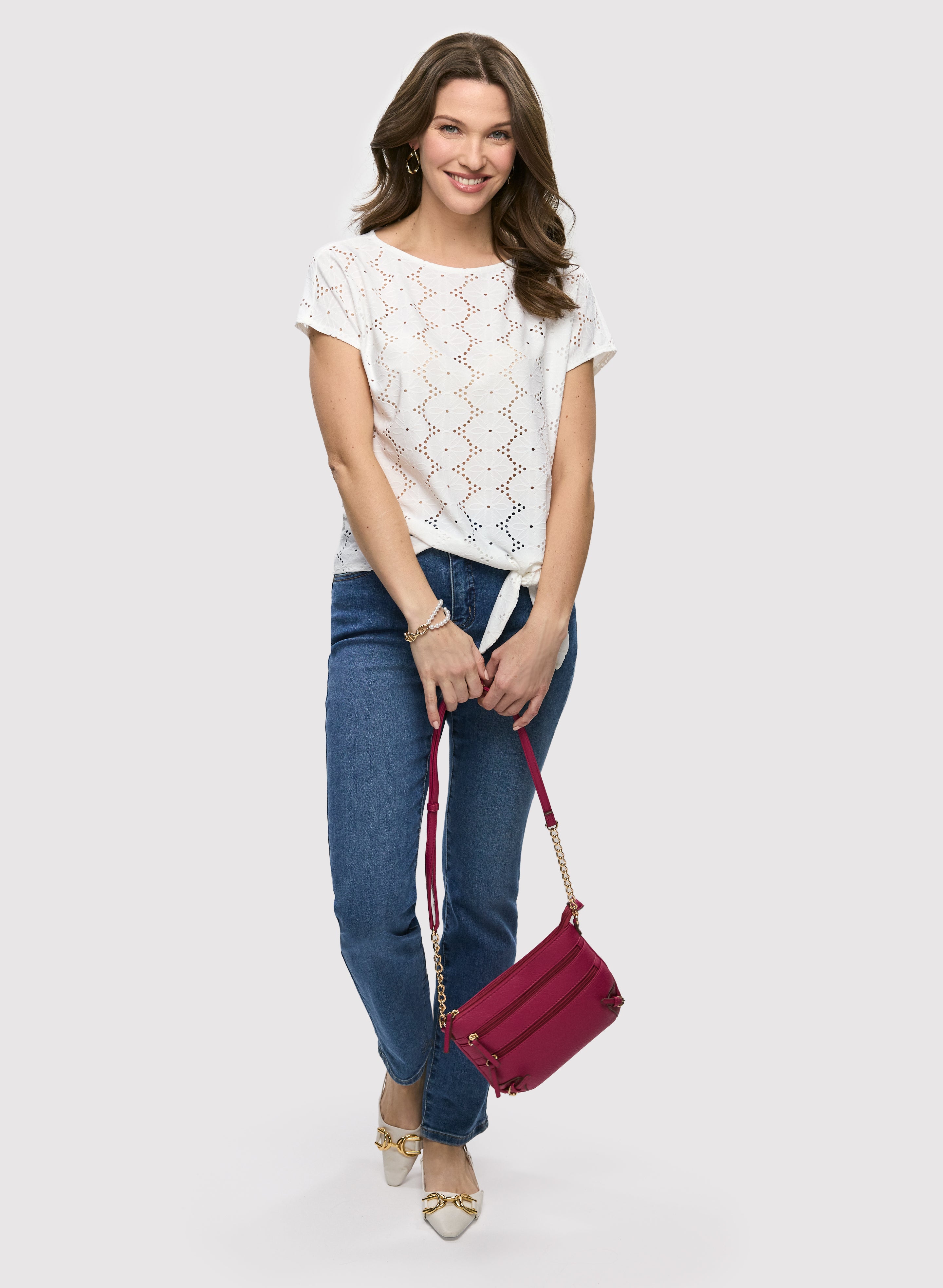 Eyelet Detail Boat Neck Top & Essential Straight Leg Jeans for Women - Casual Outfit for Summer, Beach, and Everyday Wear
