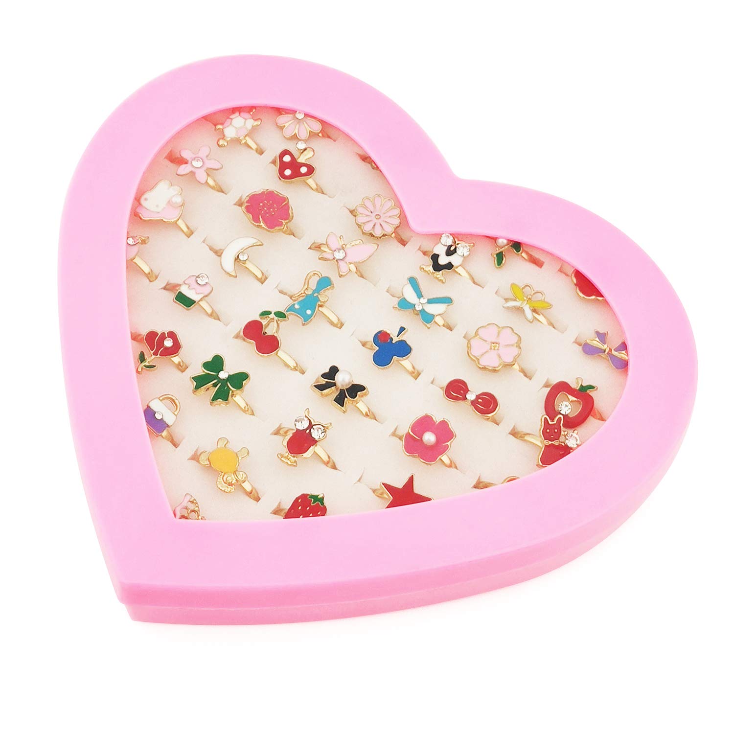 36 pcs Adjustable Rings for Kids - No Duplicate Pretend Play Jewelry Set with Heart-Shaped Display Case | Perfect for Dress-Up, Birthday Gifts & Role-Playing Games
