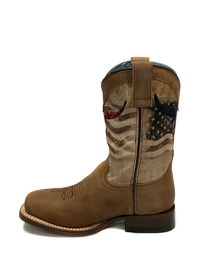 Roper Kids American Bull Boots - Tan Leather Cowboy Boots for Boys & Girls - Durable & Comfortable for Riding, Outdoor Play & Western Style