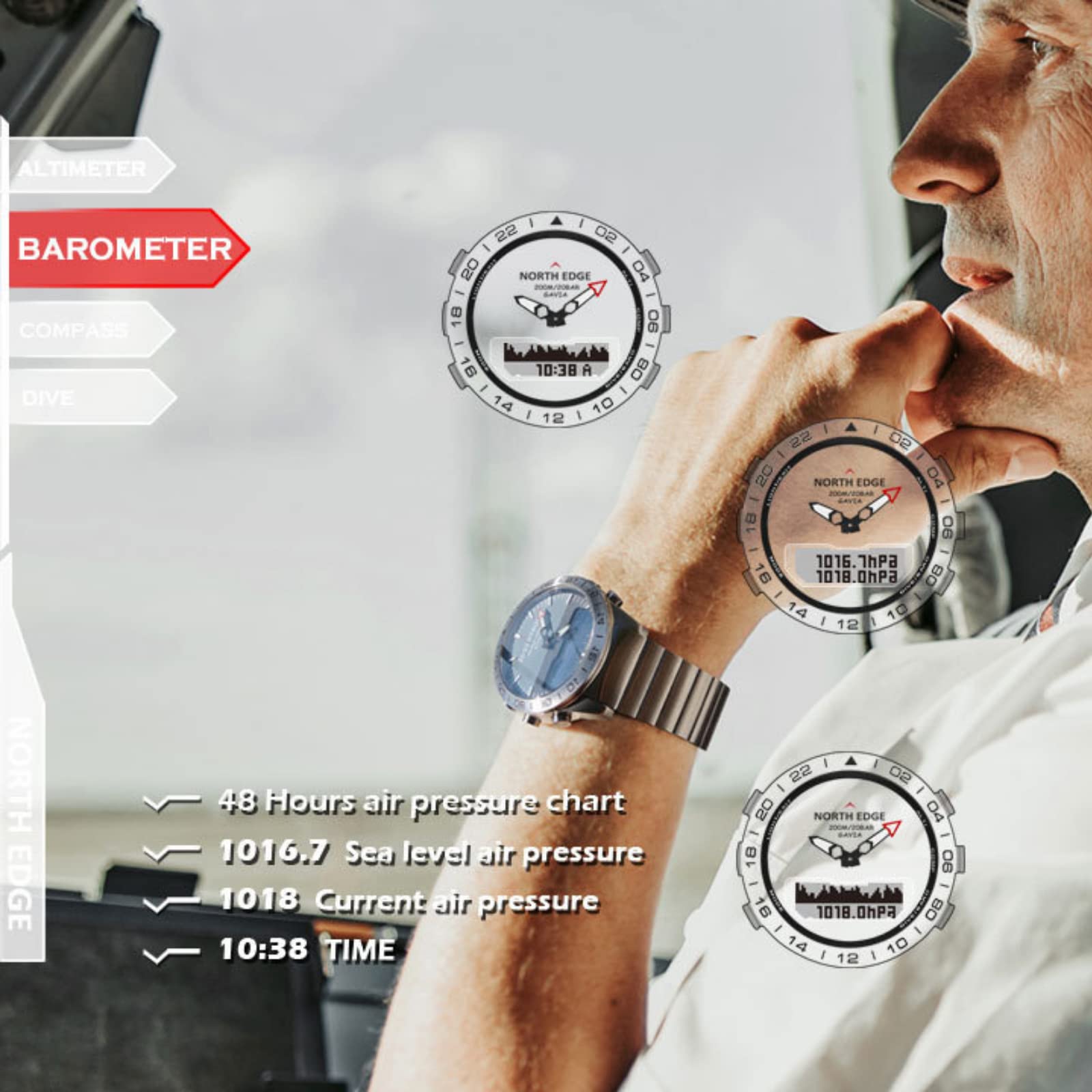 CakCity Men's Analog Digital Altimeter Watch - 20ATM Waterproof Stainless Steel Pilot & Diving Watch with Compass for Outdoor Sports, Hiking, Climbing & Aviation Activities
