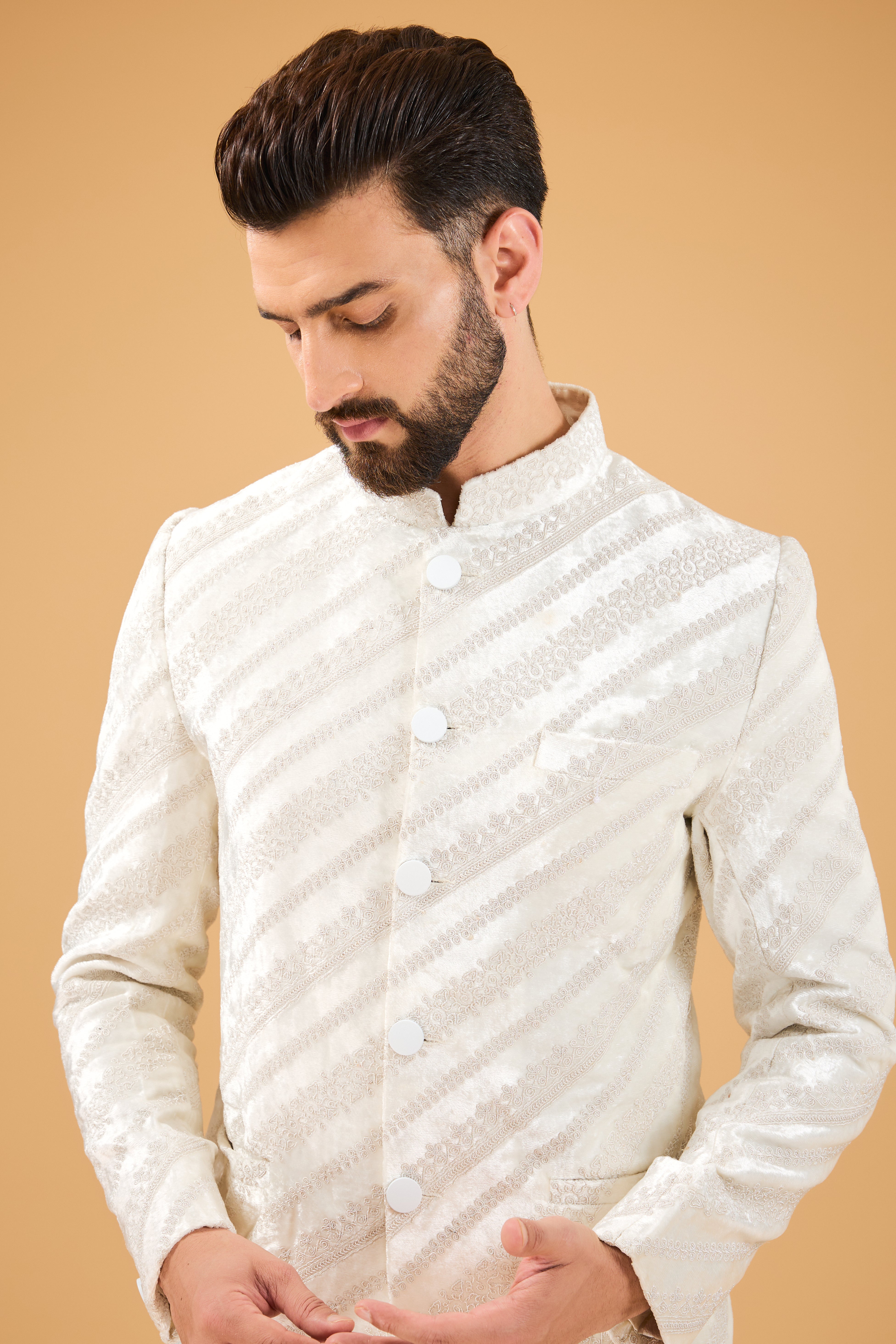 Exquisite Ivory Bandhgala with Intricate Dori Work on Velvet - Perfect for Weddings, Festivals & Special Occasions