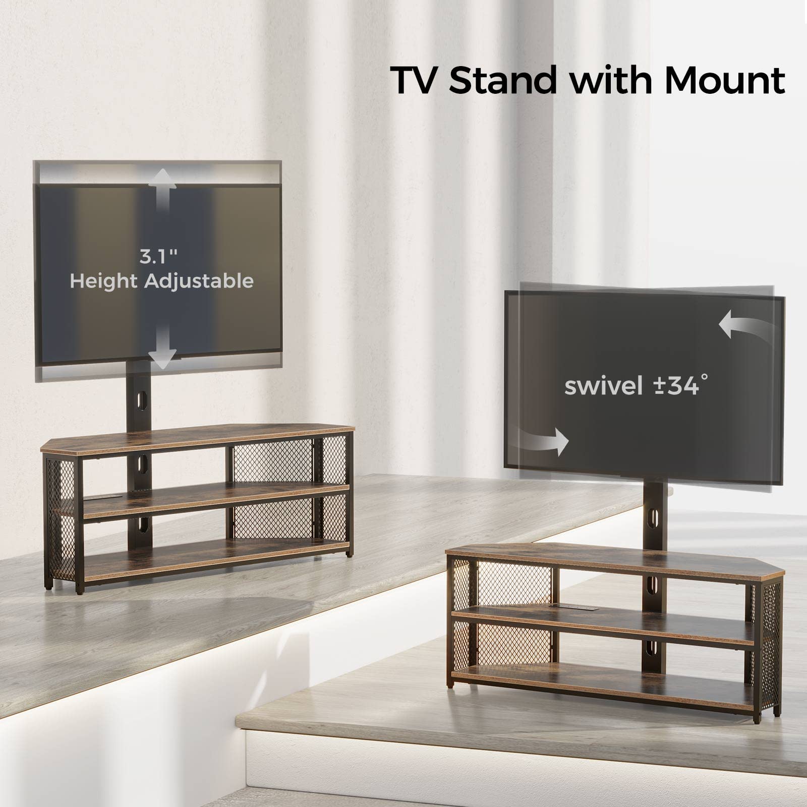 Rolanstar Rustic Brown TV Stand with Mount - Adjustable Height Swivel TV Stand for 32-70 Inch TVs, Built-in Power Outlet & LED Lights - Entertainment Center & Media Console for Living Room, Bedroom, Home Theater