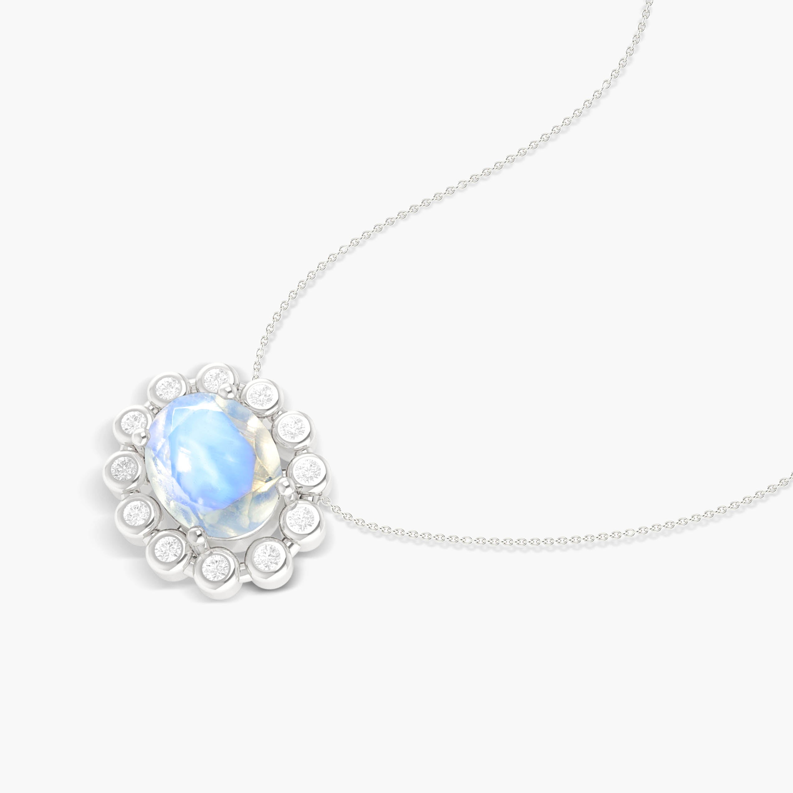 Natural Moonstone & White Zircon Halo Chain Pendant Necklace - Elegant Boho Jewelry for Women, Perfect for Weddings, Parties & Everyday Wear