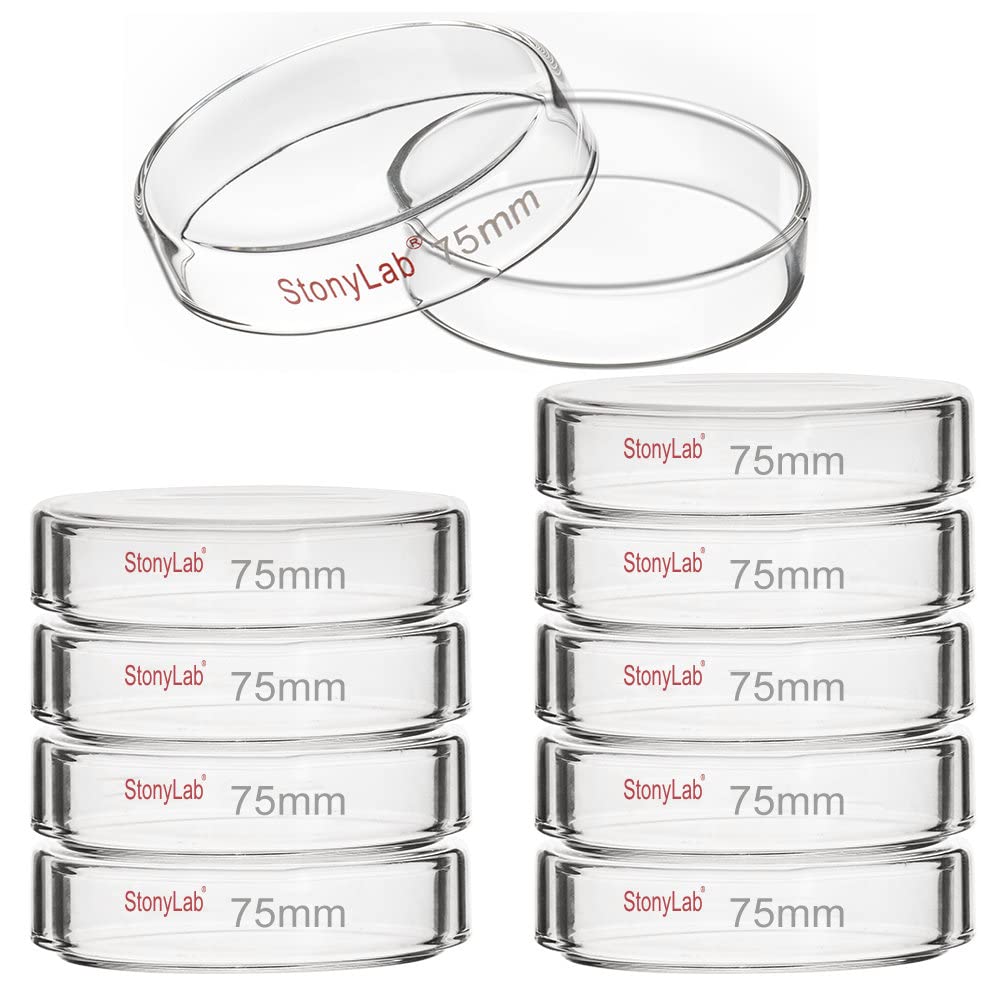 Stonylab 10-Pack Glass Petri Dishes, 75x15mm Autoclavable Borosilicate Glass Cell Culture Dishes with Clear Lid - Ideal for Laboratory Experiments, Microbiology Studies & Science Projects