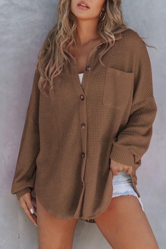 SHEWIN Women's Waffle Knit Button Down Shirt - Casual Long Sleeve Shacket Jacket, Boyfriend Style Loose Fit Blouse for Everyday Wear & Layering