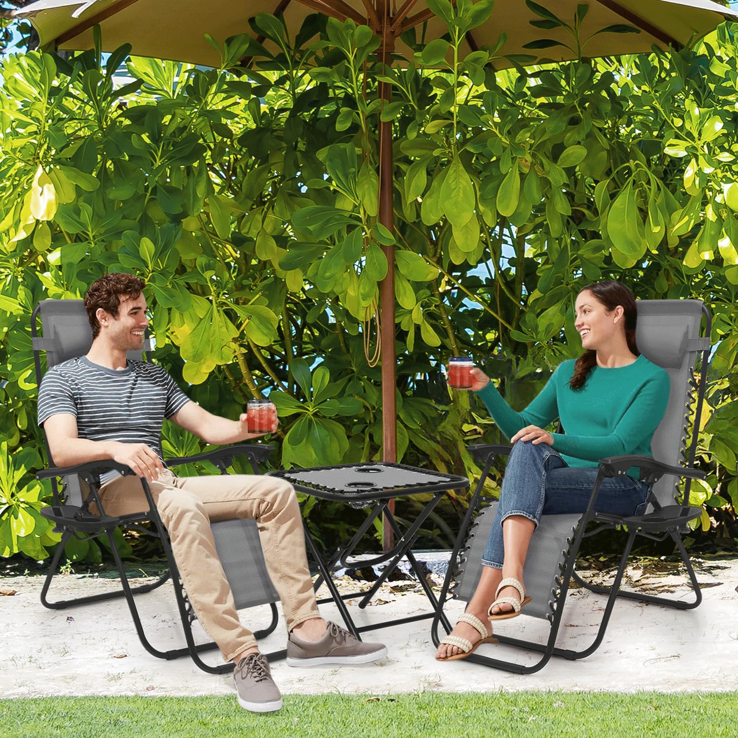 MoNiBloom 3-Piece Zero Gravity Lounge Chair Set - Adjustable Reclining Outdoor Chairs with Side Table, Pillow & Tray - 330lbs Capacity - Perfect for Pool, Patio, Beach, Backyard & Camping - Space Gray