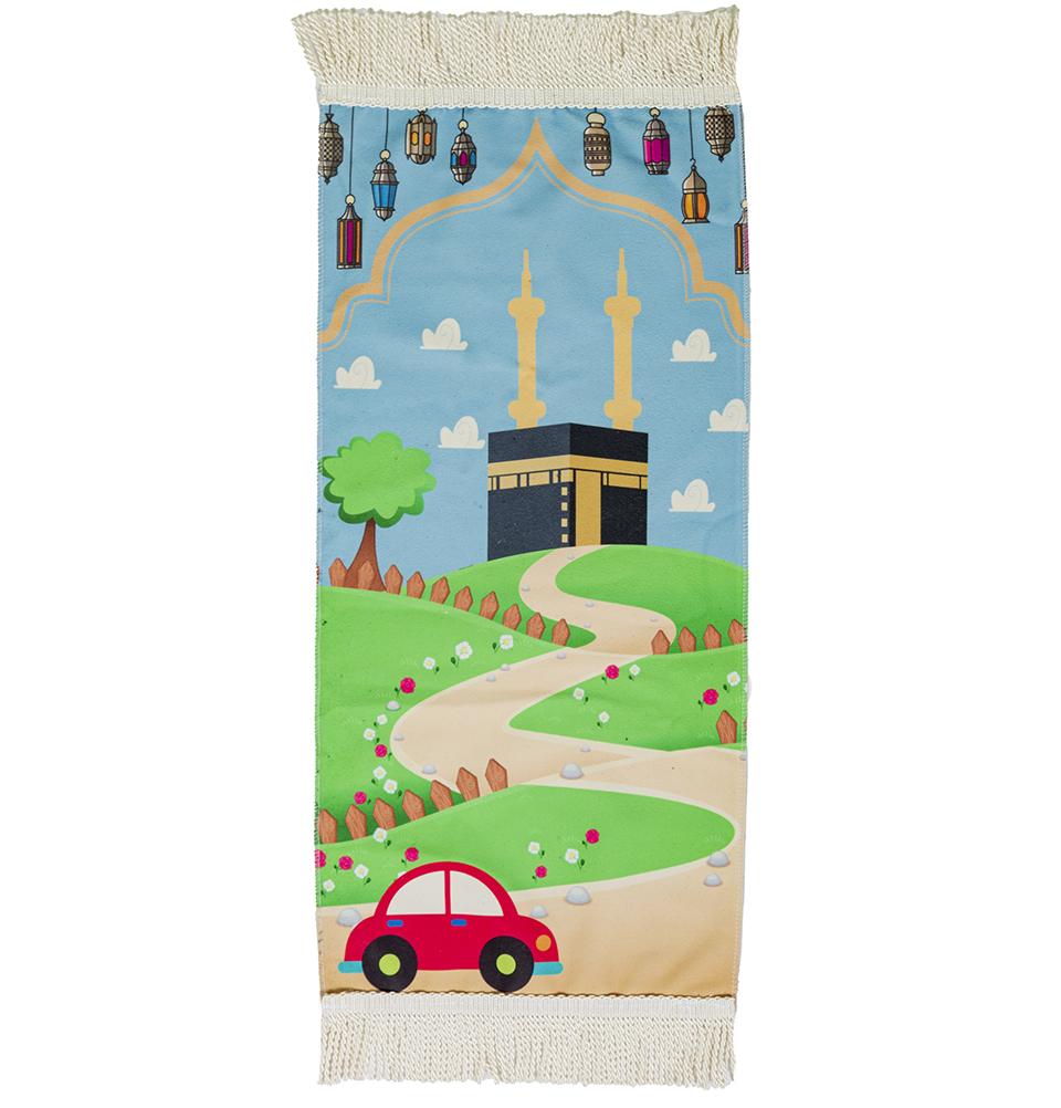 Kids Islamic Prayer Rug - Fun Digital Print Road to Mecca Design - Perfect for Home Prayer, Sunday School & Travel
