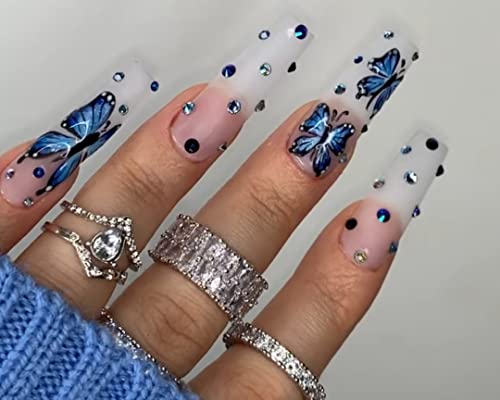 KLOSS BEAUTY Custom Blue Butterfly Press-On Nails - Set of 10 Hand-Painted Gel UV Nails, Salon-Quality Fake Nails for Home Use (Extra Long Coffin Shape, XS Size) | Perfect for Parties, Weddings & Special Occasions