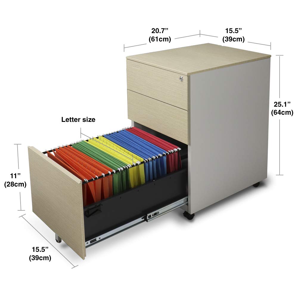 3-Drawer Metal File Cabinet with Lock & Key - Aurora Mobile Office Storage, White/Light Wenge, Fully Assembled for Instant Use | Perfect for Home Office, Classroom & Small Business Organization