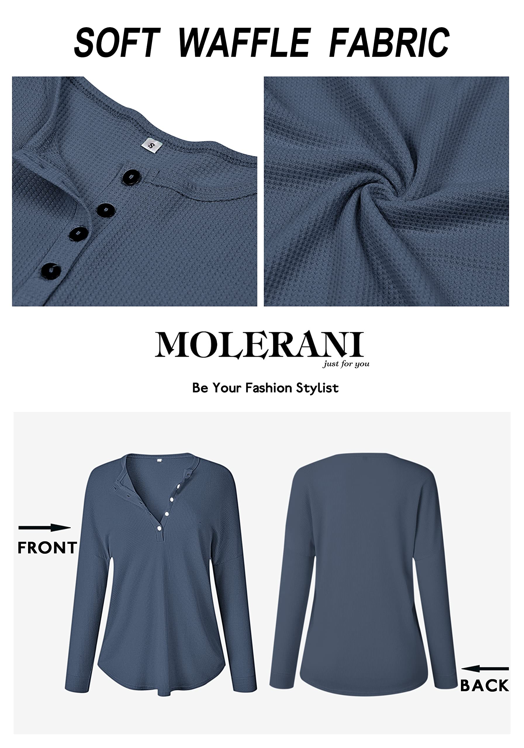 MOLERANI Women's Waffle Knit Tunic Top - Loose Fit Long Sleeve Button Up V-Neck Henley Shirt for Casual Wear, Work & Fall Outfits