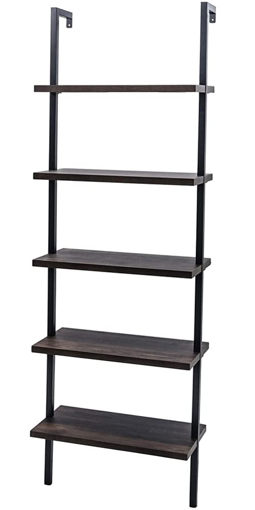 5-Shelf Modern Ladder Bookcase - Industrial Metal Frame Wall Mounted Bookshelf, Wood Storage Shelf Organizer for Home Office (Dark Walnut) - Perfect for Small Spaces, Living Room Decor & Book Storage