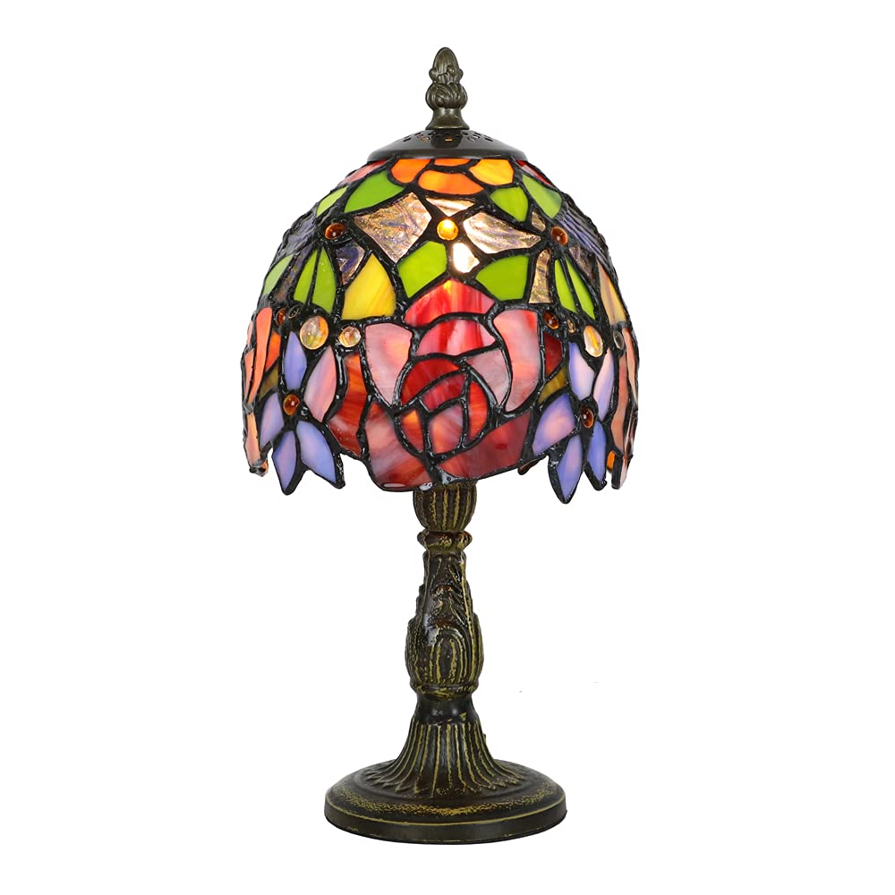Tiffany Style Table Lamp 6 Inch - Vintage Stained Glass Mini Night Light with Red Rose Flower Design | Bedside, Bedroom & Desk Lamp for Living Room, Office, Dorm Decor | Perfect for Romantic Ambiance & Home Decor Lighting