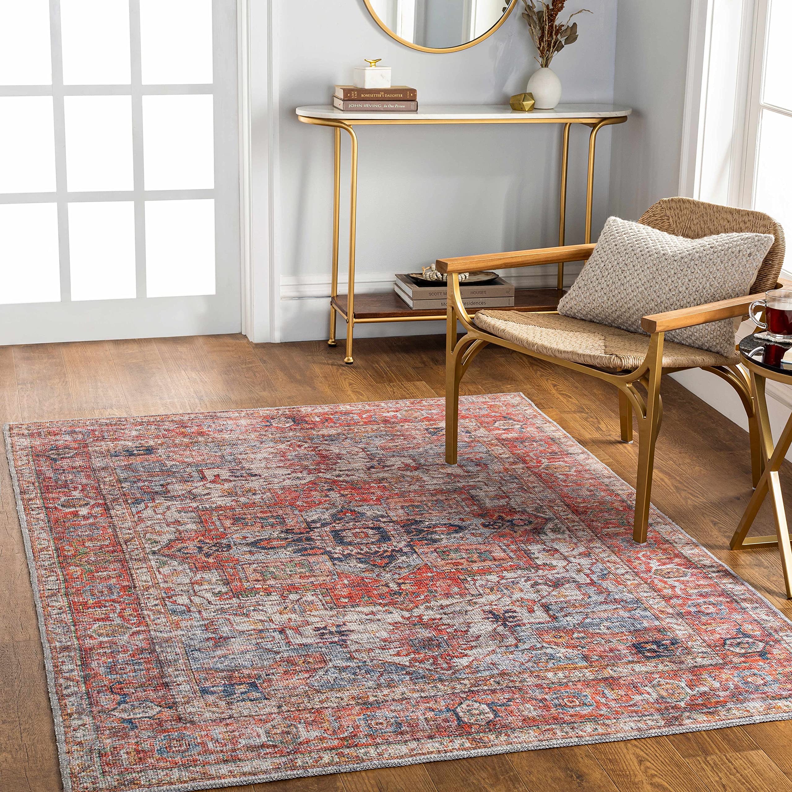 Hauteloom Lapase Machine Washable Area Rug - Soft & Durable for Living Room, Bedroom - Beige & Blue - 6'7