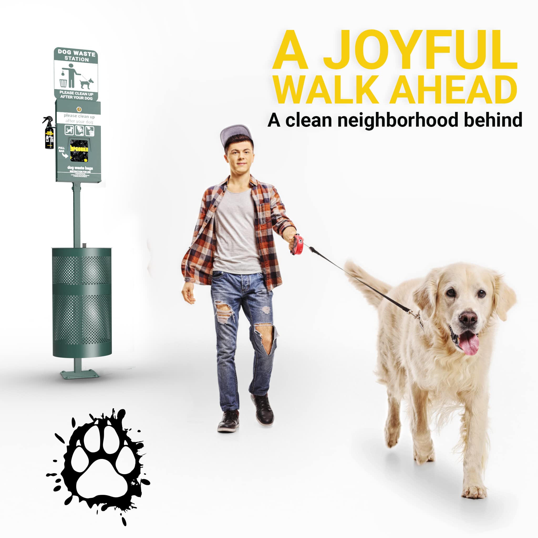 Glow in the Dark Pet Waste Station with 400 Dog Waste Bags & 50 Can Liners - Outdoor Dog Poop Dispenser with Sign, Hand Sanitizer & Trash Can for Parks, Backyards & Community Areas