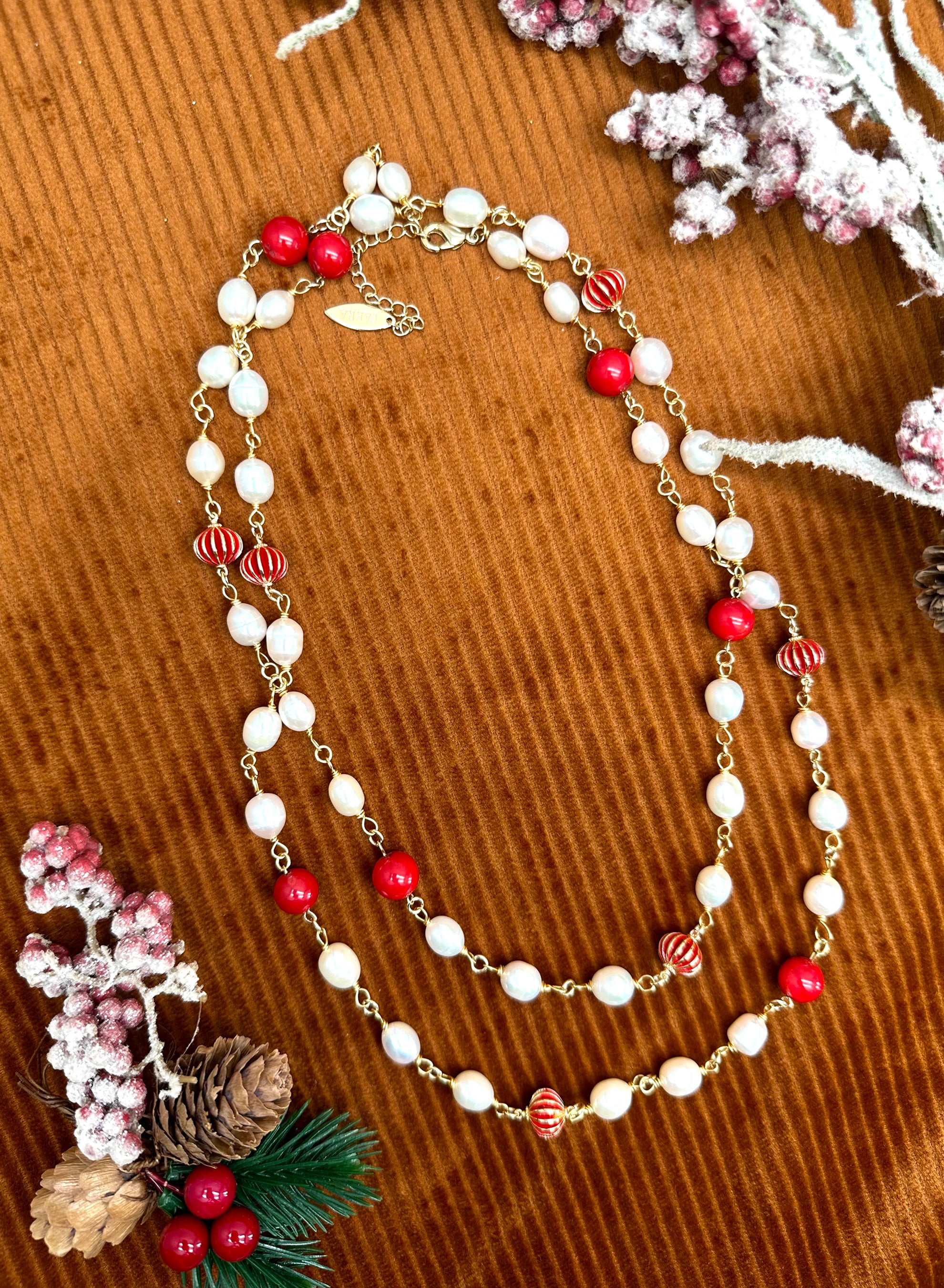 Elegant Freshwater Pearls & Red Bamboo Coral Multi-Way Chain Necklace KN049 – Perfect for Weddings, Parties & Special Occasions