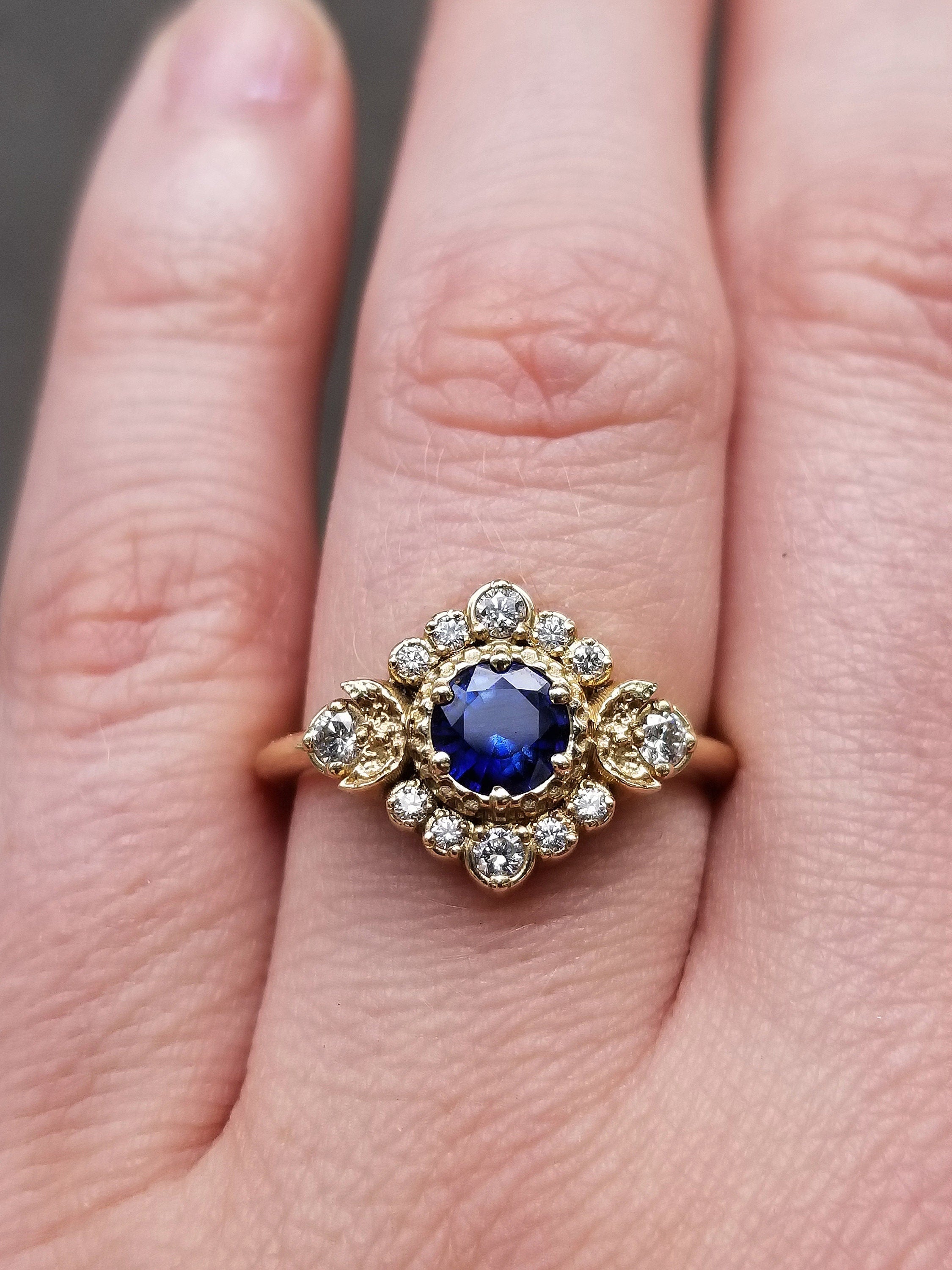 14K Yellow Gold Blue Moon Halo Sapphire Engagement Ring Set with Double Chevron Wedding Band - Size 6 & 8 - Handmade Jewelry - Perfect for Proposals, Anniversaries & Bridal Sets