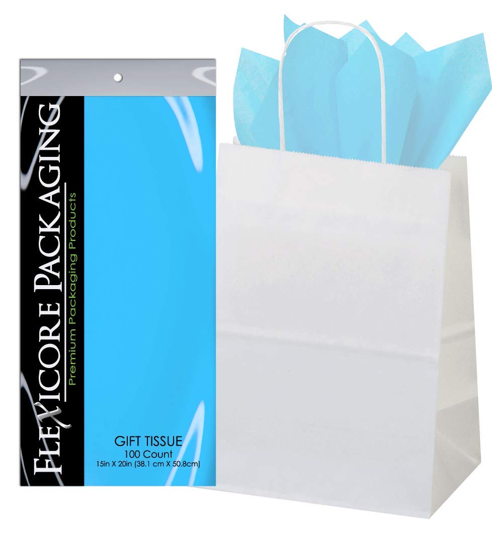Premium White Kraft Paper Gift Bags with Light Blue Tissue Wrap - 8
