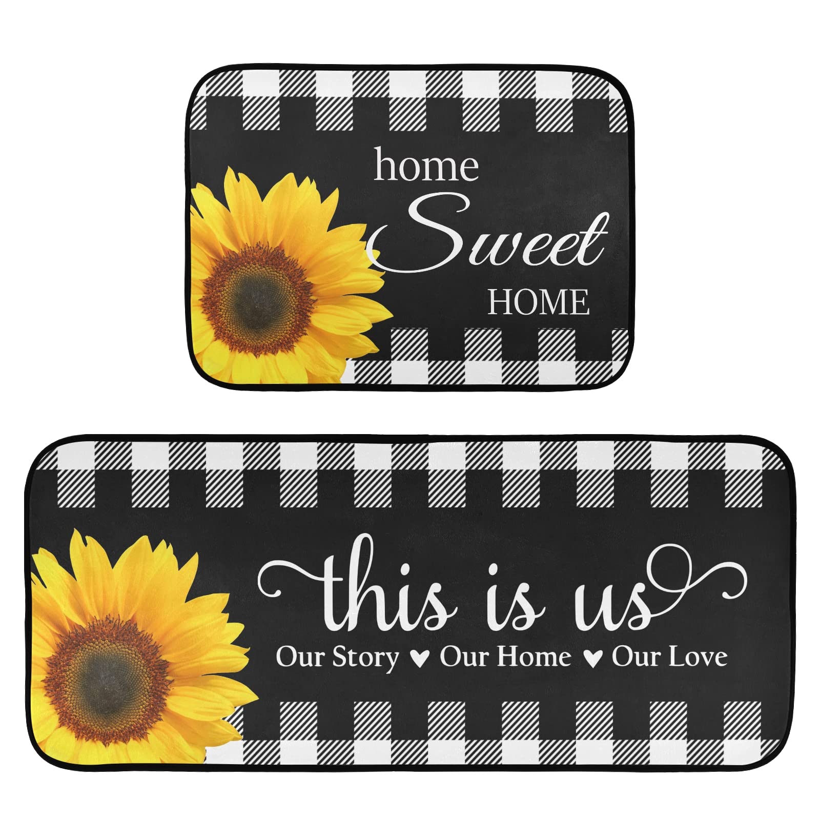 Black and White Buffalo Plaid Check Kitchen Rugs Set of 2 - Non-Slip Floor Mats for Standing Comfort, Washable Doormat for Kitchen, Bathroom, Bedroom - Perfect for Home Decor and High-Traffic Areas