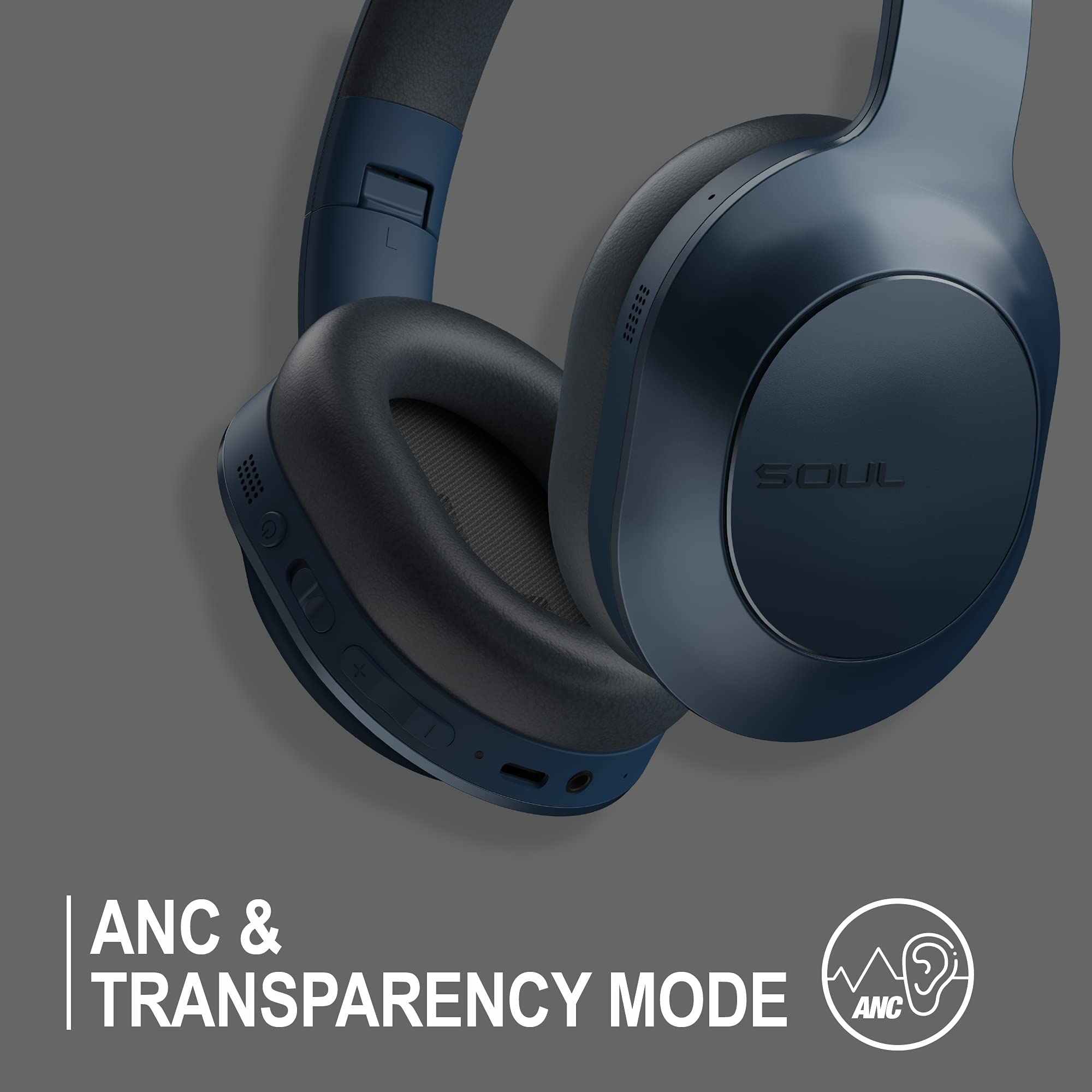 Soul Emotion Max Wireless Over-Ear Headphones with Active Noise Cancelling (ANC), Hi-Res Audio & Deep Bass - 60H Playtime, USB-C Fast Charging, Multipoint Bluetooth, Crystal Clear Calls - Perfect for Travel, Workout, Gym & Office (Blue)