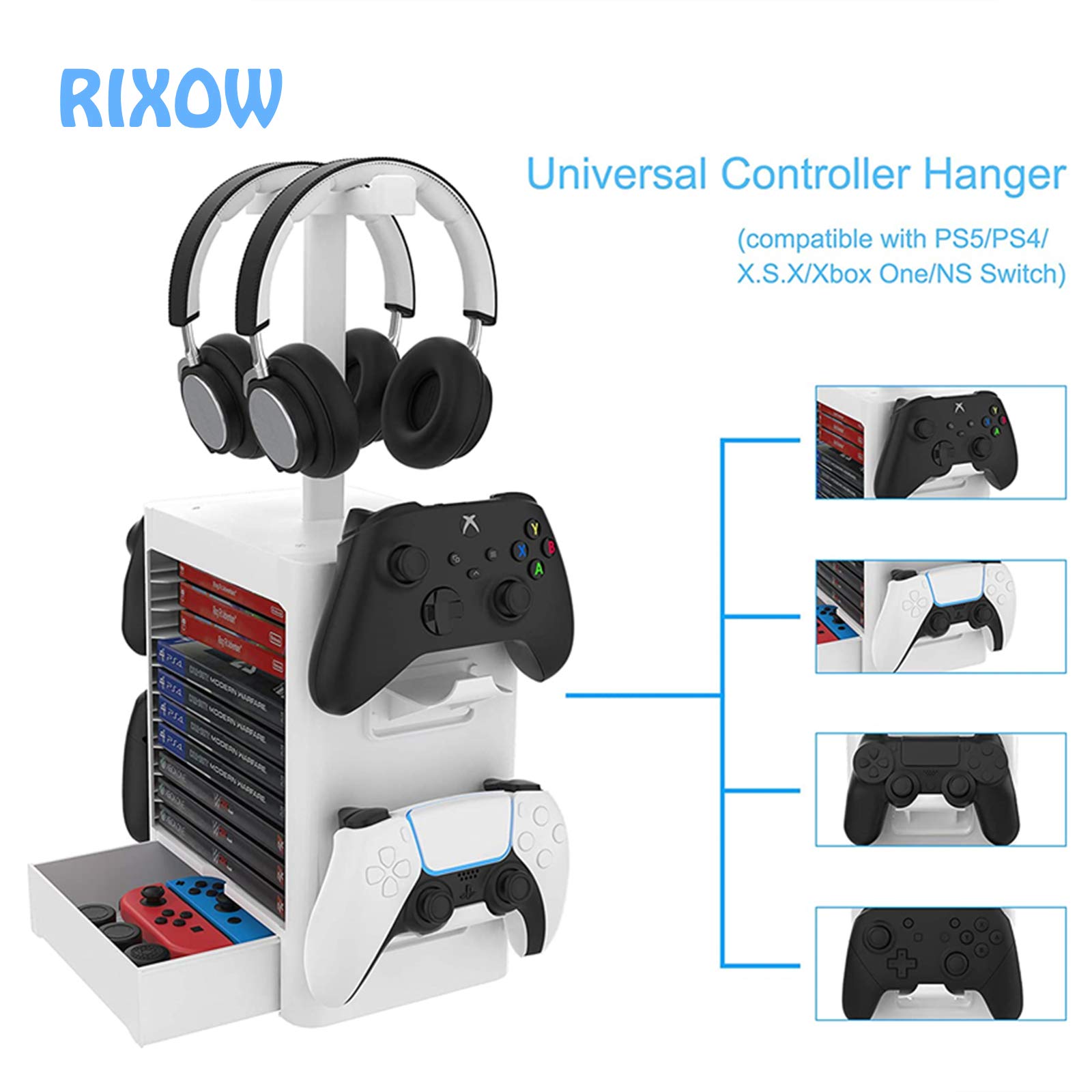 RIXOW PS5 Game Storage Stand - Holds 10 Games, 4 Controllers & 2 Headsets - Universal Organizer for PlayStation 5/PS4/Slim/Pro - Perfect for Gaming Setup & Media Storage