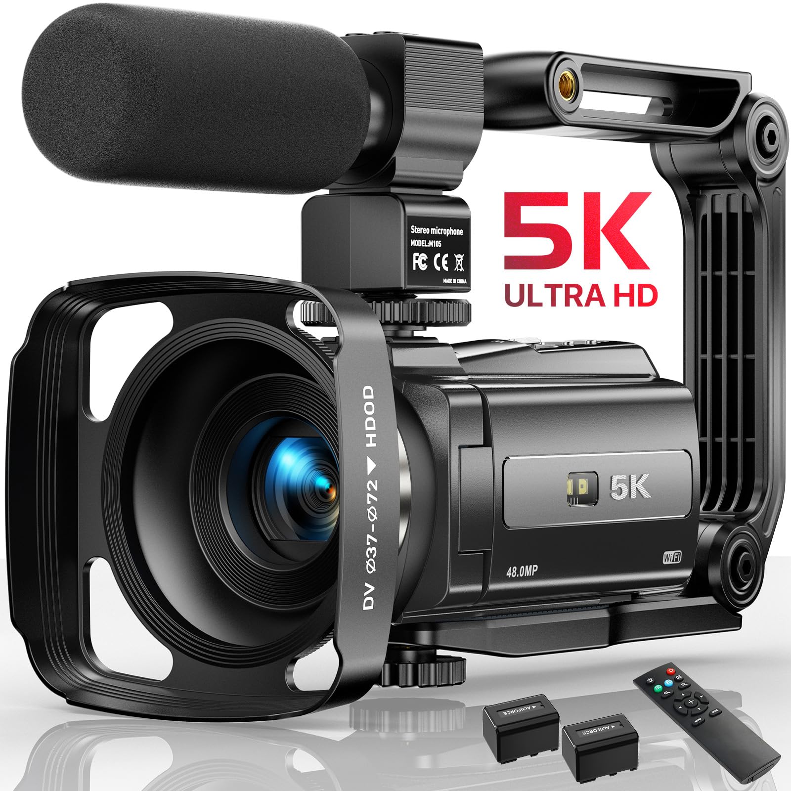 5K UHD 48MP WiFi Vlogging Camera with IR Night Vision & 16X Digital Zoom - YouTube Video Camera with Touch Screen, External Mic, Lens Hood, Stabilizer & Remote (Includes 2 Batteries) - Perfect for Travel Vlogging, Live Streaming & Content Creation